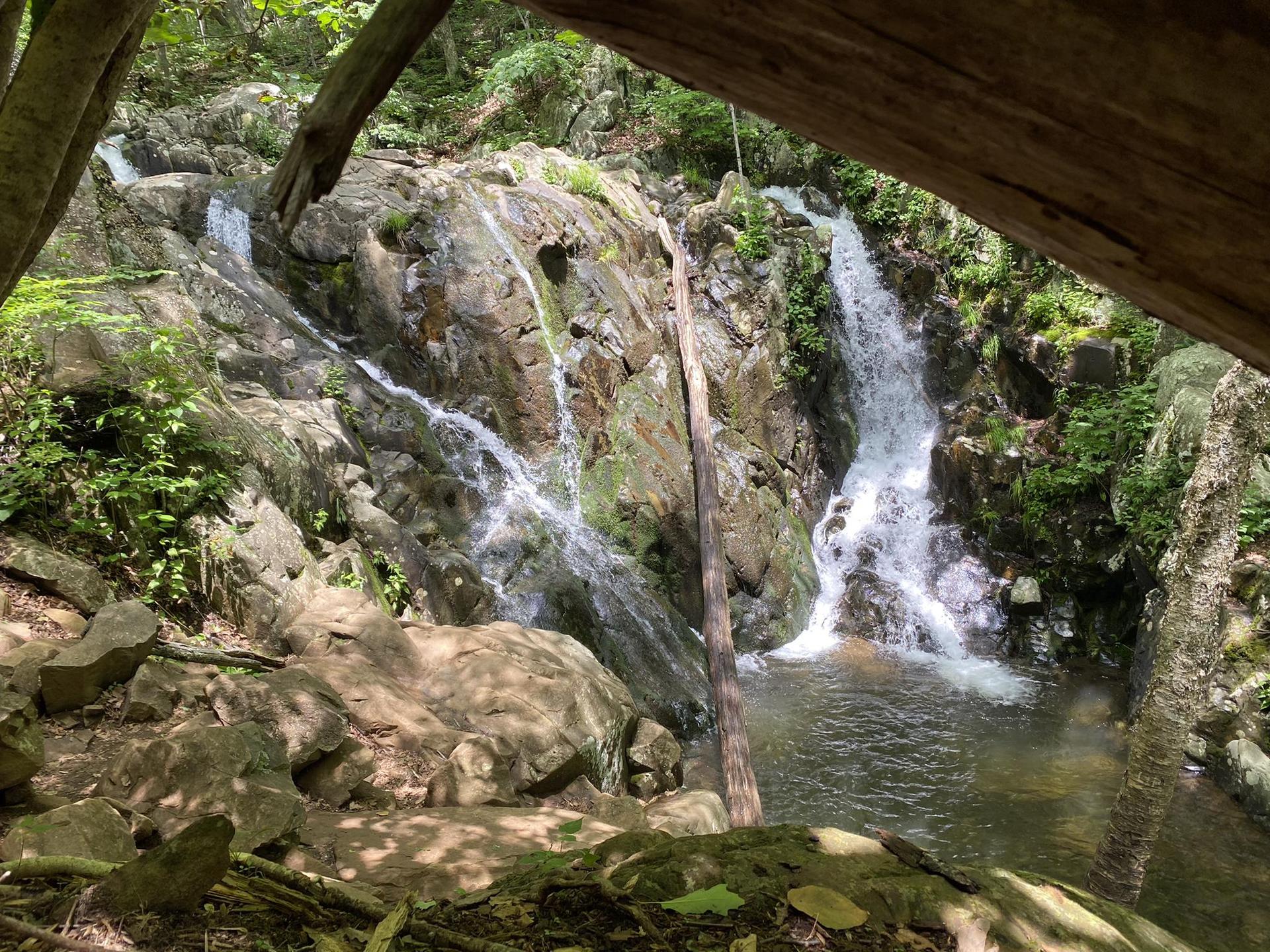 Multiple waterfalls cascade over mossy rocks into a clear pool, framed by trees.