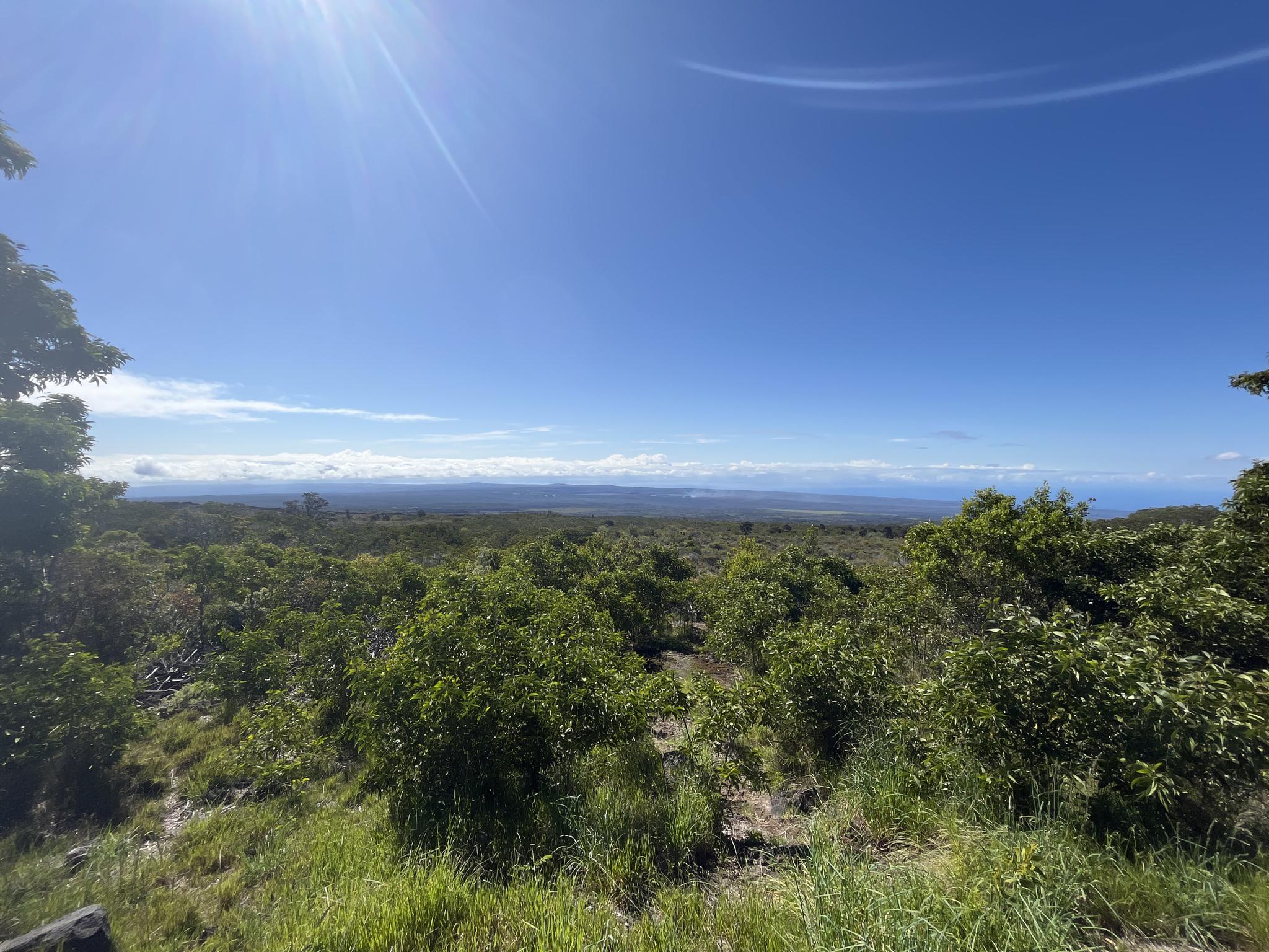 Bright sun over a vast green landscape with distant clouds and sparse trees.