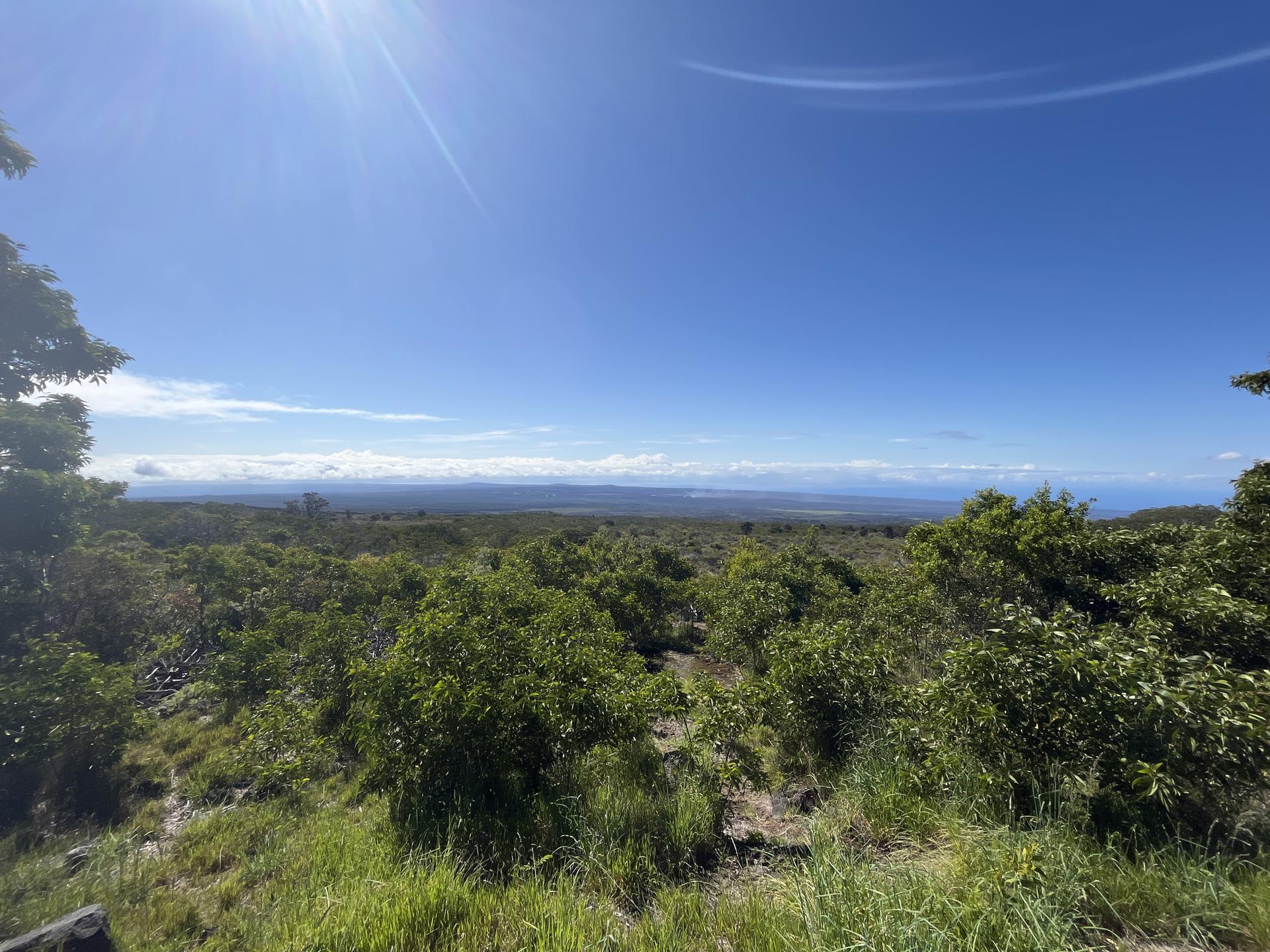 Bright sun over a vast green landscape with distant clouds and sparse trees.