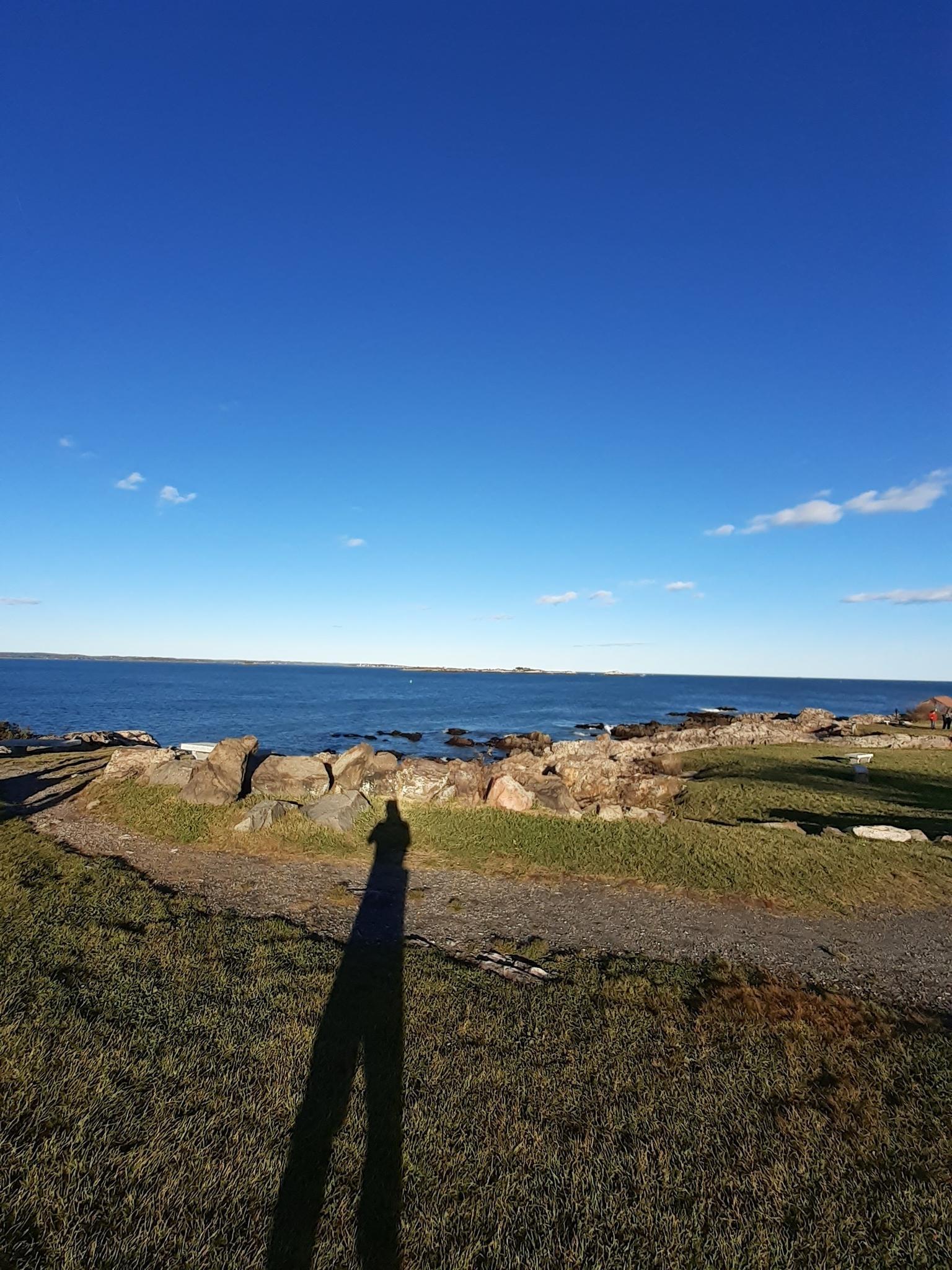 Long shadow of a person on grass overlooking a sunny, rocky coastline.