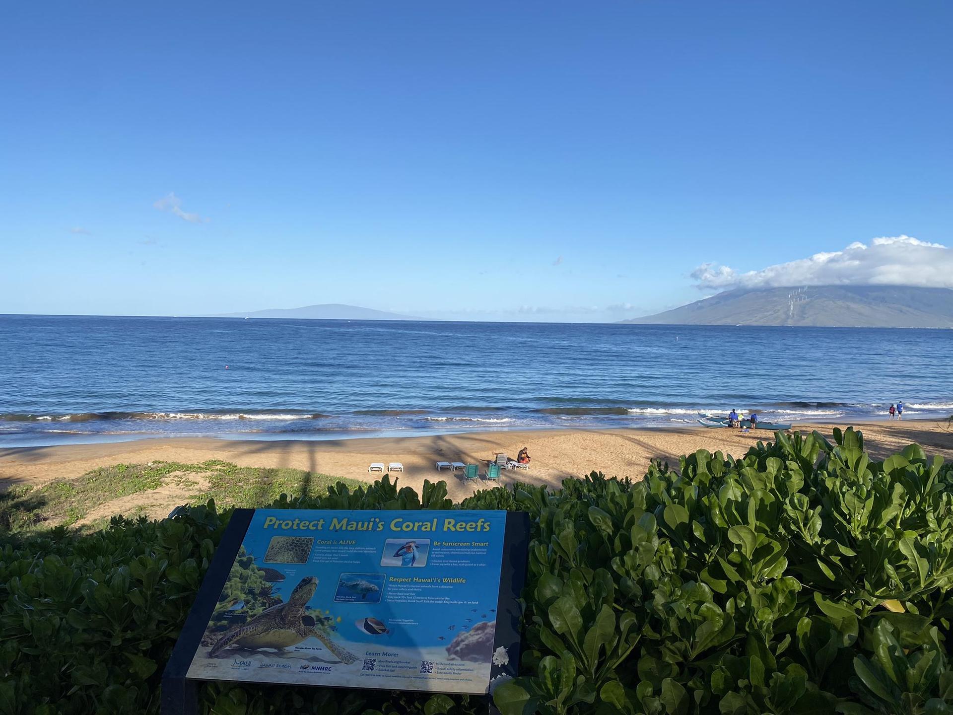 Informational sign in foreground, sunny beach with ocean and distant mountains.