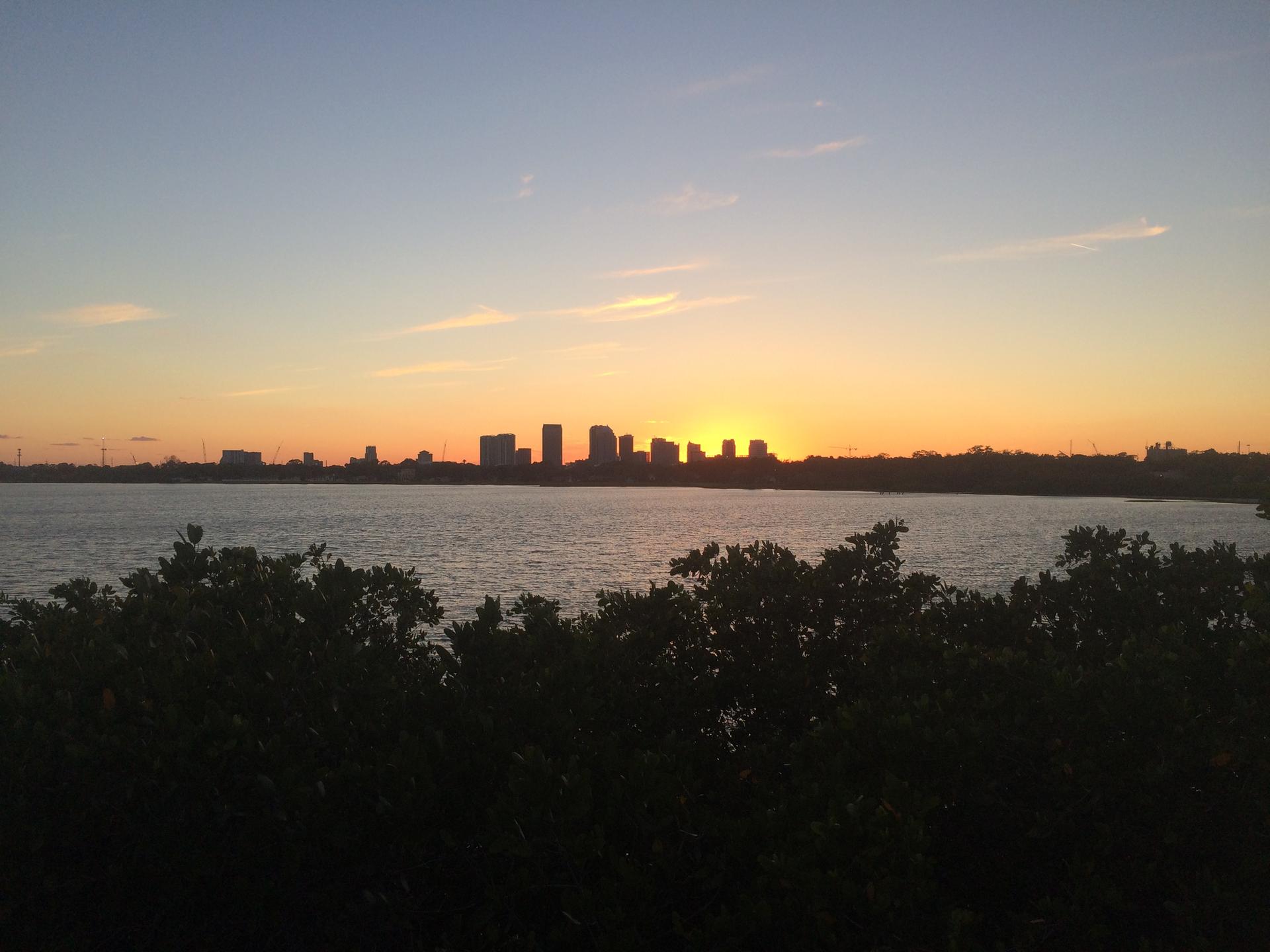 City skyline silhouetted against a vibrant sunset over water with dark foliage.