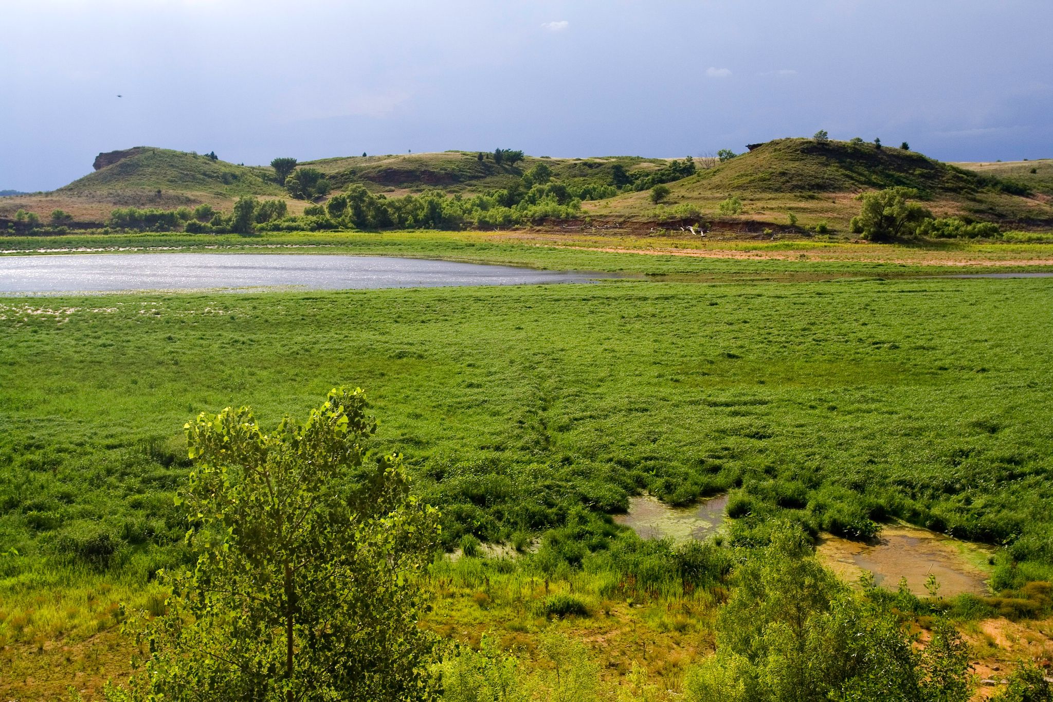 Expansive green fields and a lake under a bright sky with distant hills. - Horsethief Canyon Trail