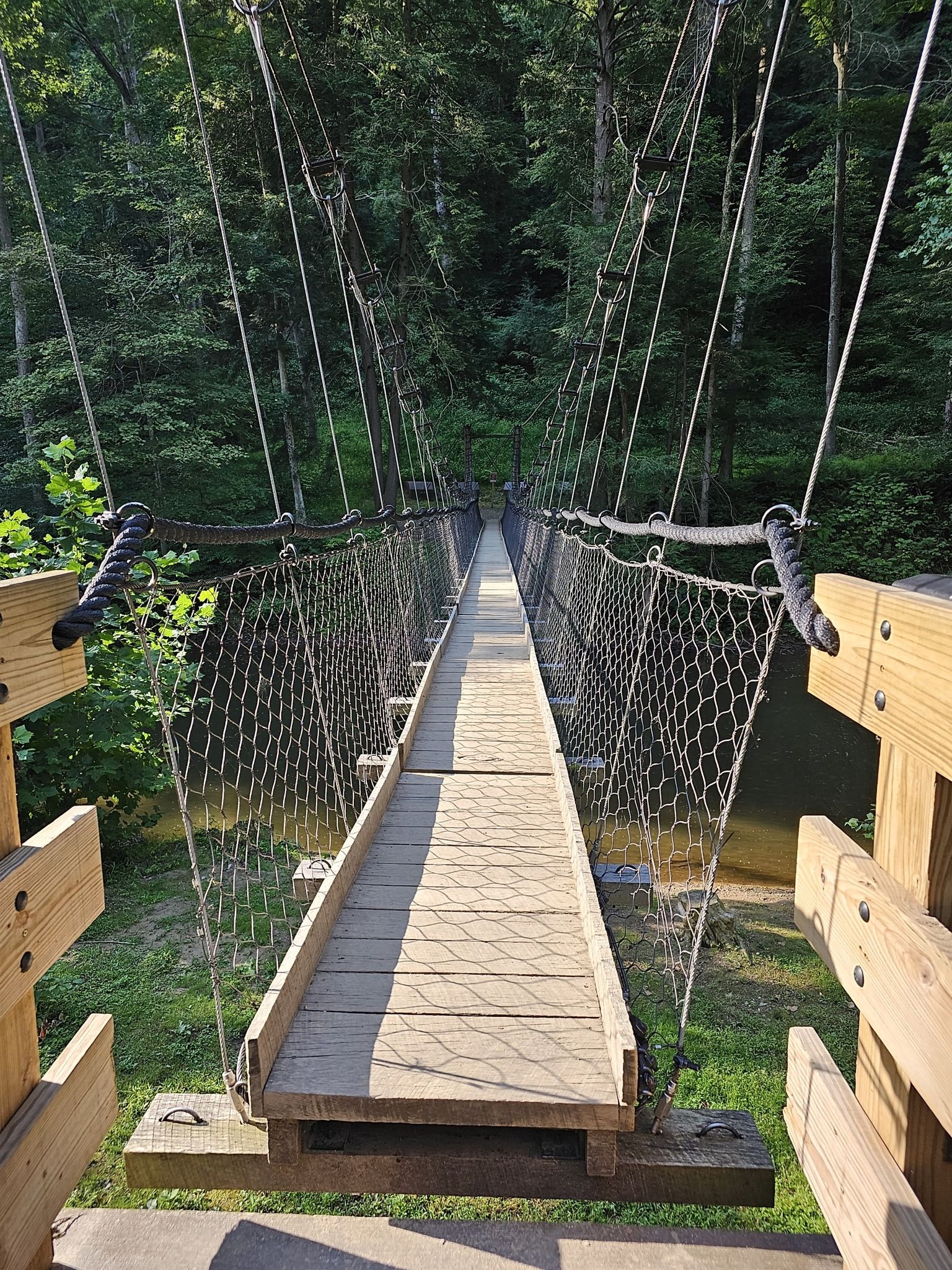 A long wooden suspension bridge extends into a green forest. - Lyons Falls, Hemlock Gorge and Pleasant Hill Trail Loop