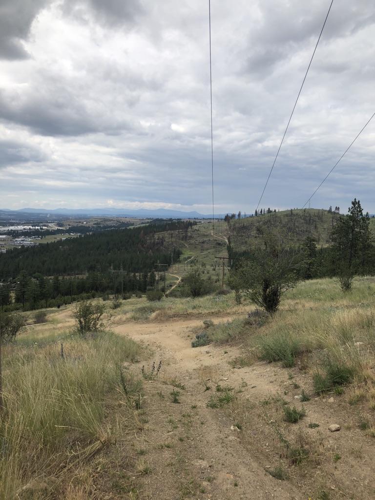 Overcast view of a dirt path on a hill, with power lines and a distant valley.