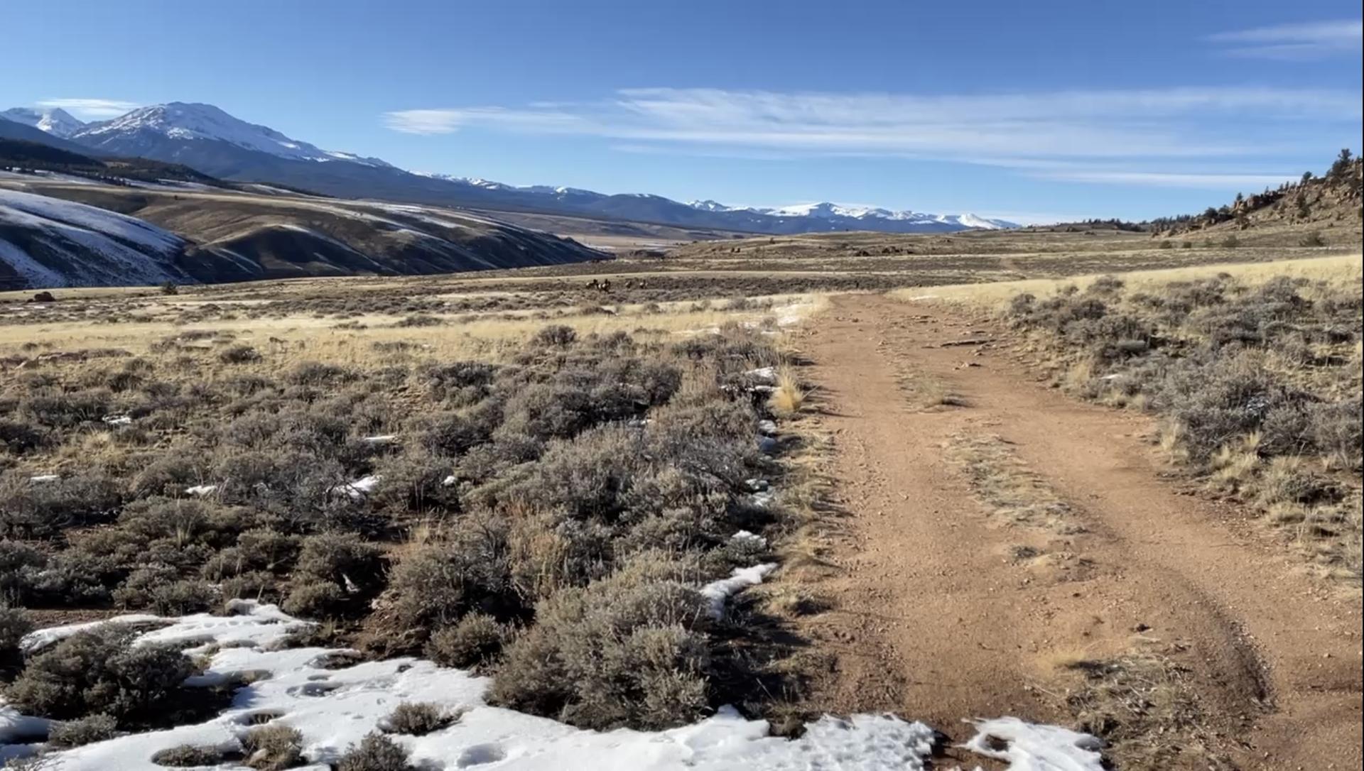 A dirt road cuts through a sagebrush landscape with distant snowy mountains.