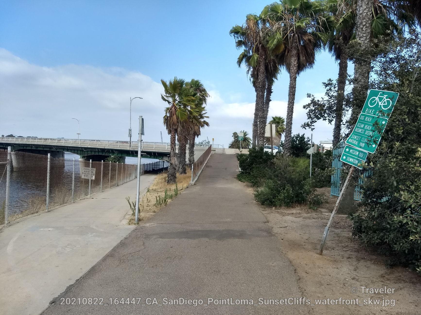 Paved path alongside water, with palm trees, a bridge, and a bike sign.