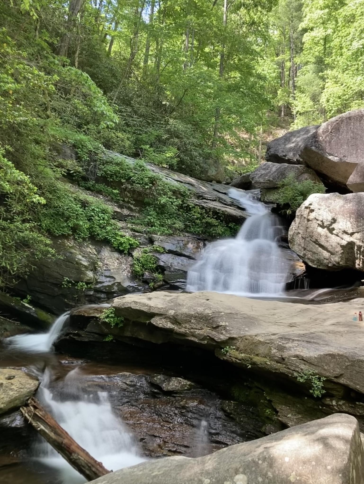 A multi-tiered waterfall flows over dark rocks amidst a vibrant green forest.