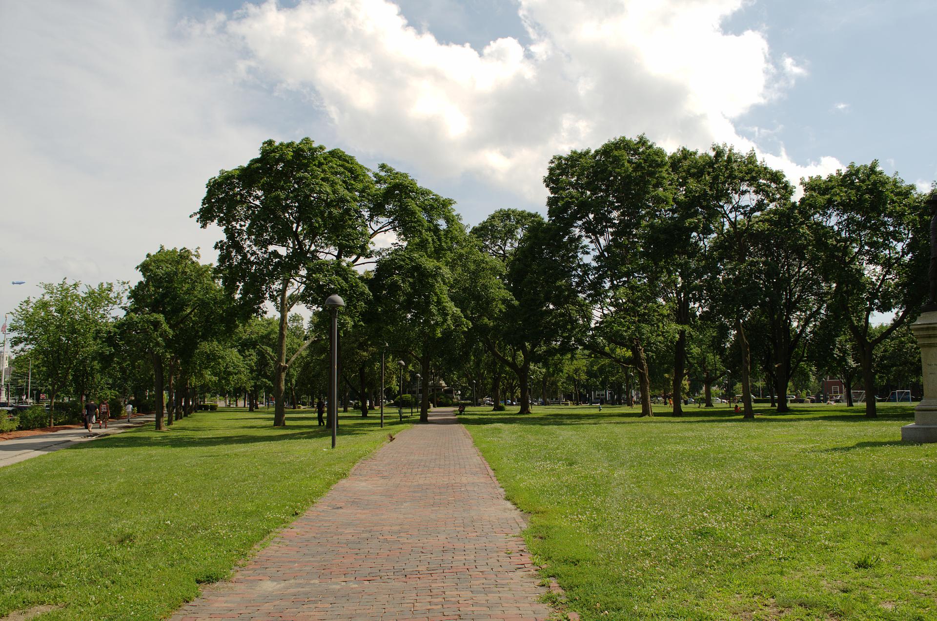 A brick path winds through a sunny park with lush green trees.