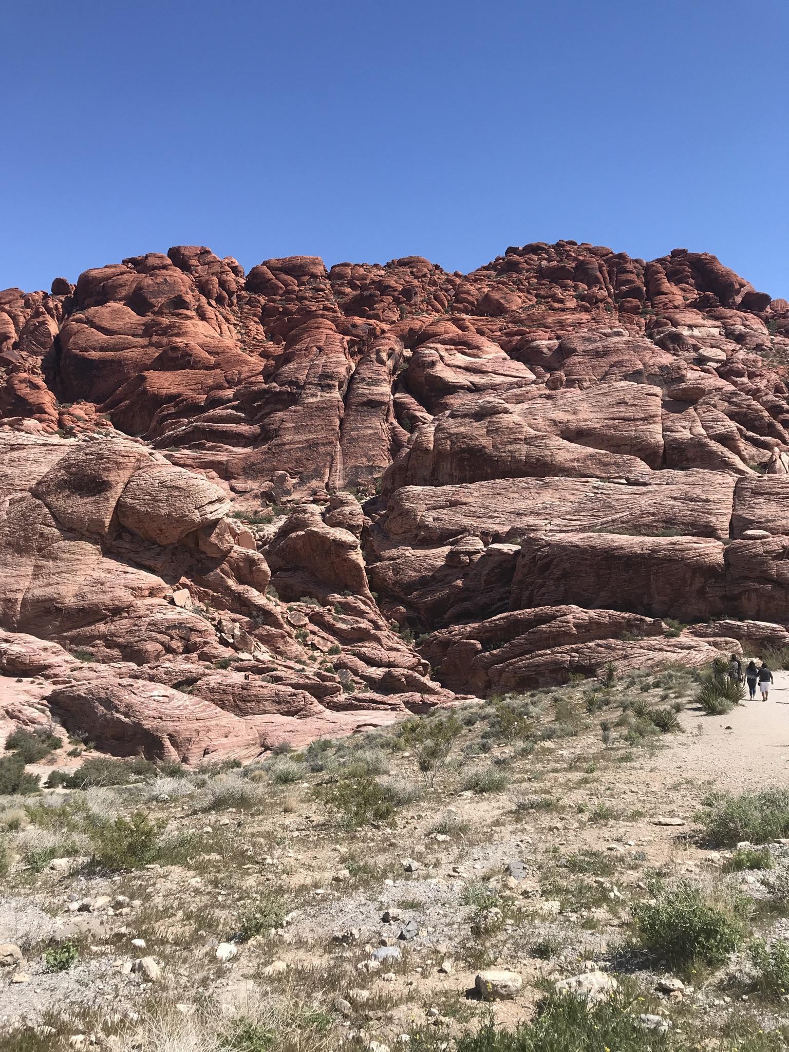 Towering red rock cliffs with a sandy trail and distant hikers under bright sun.