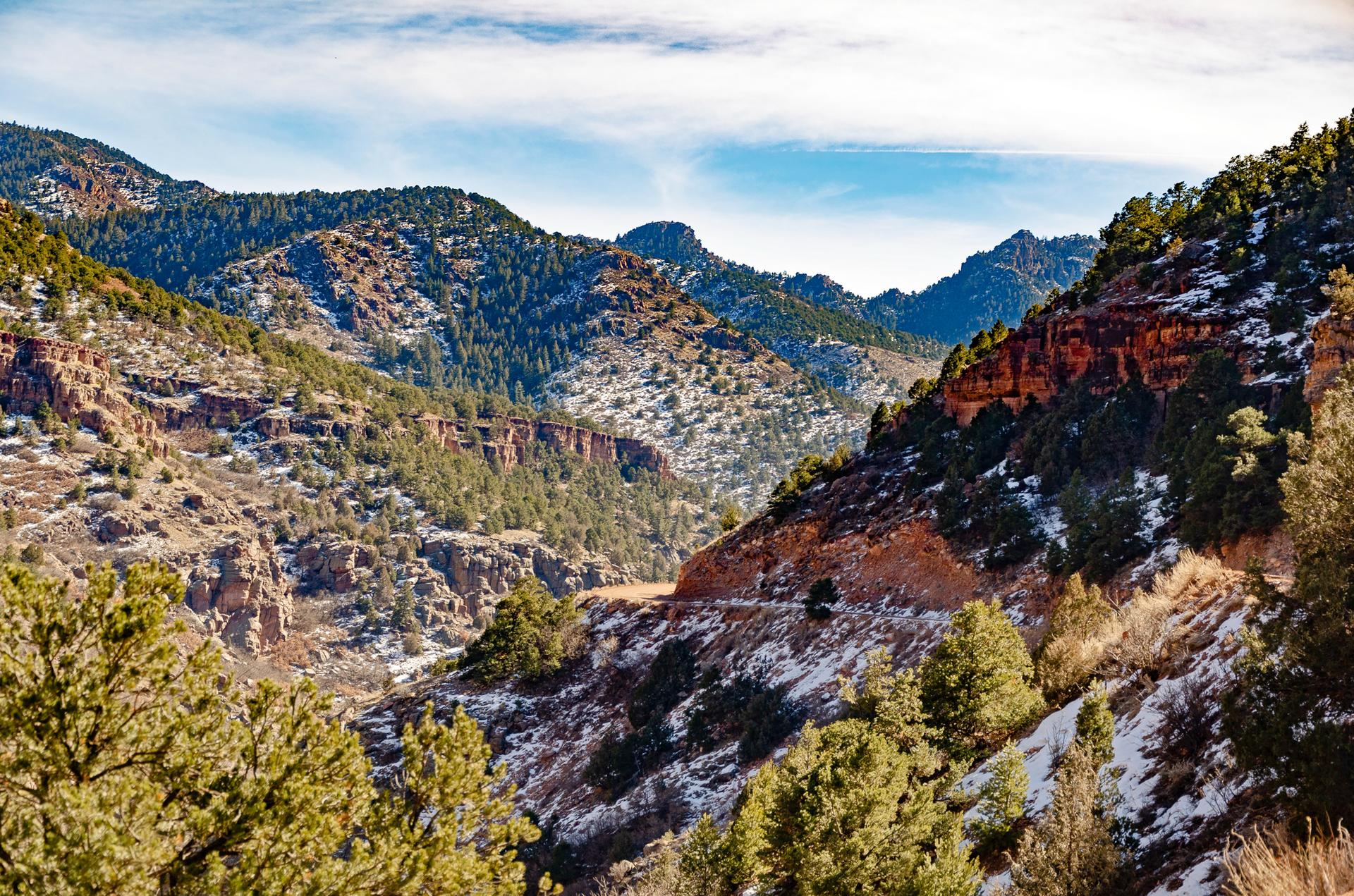 Sunny mountain landscape with pine trees, snow, and a winding road.