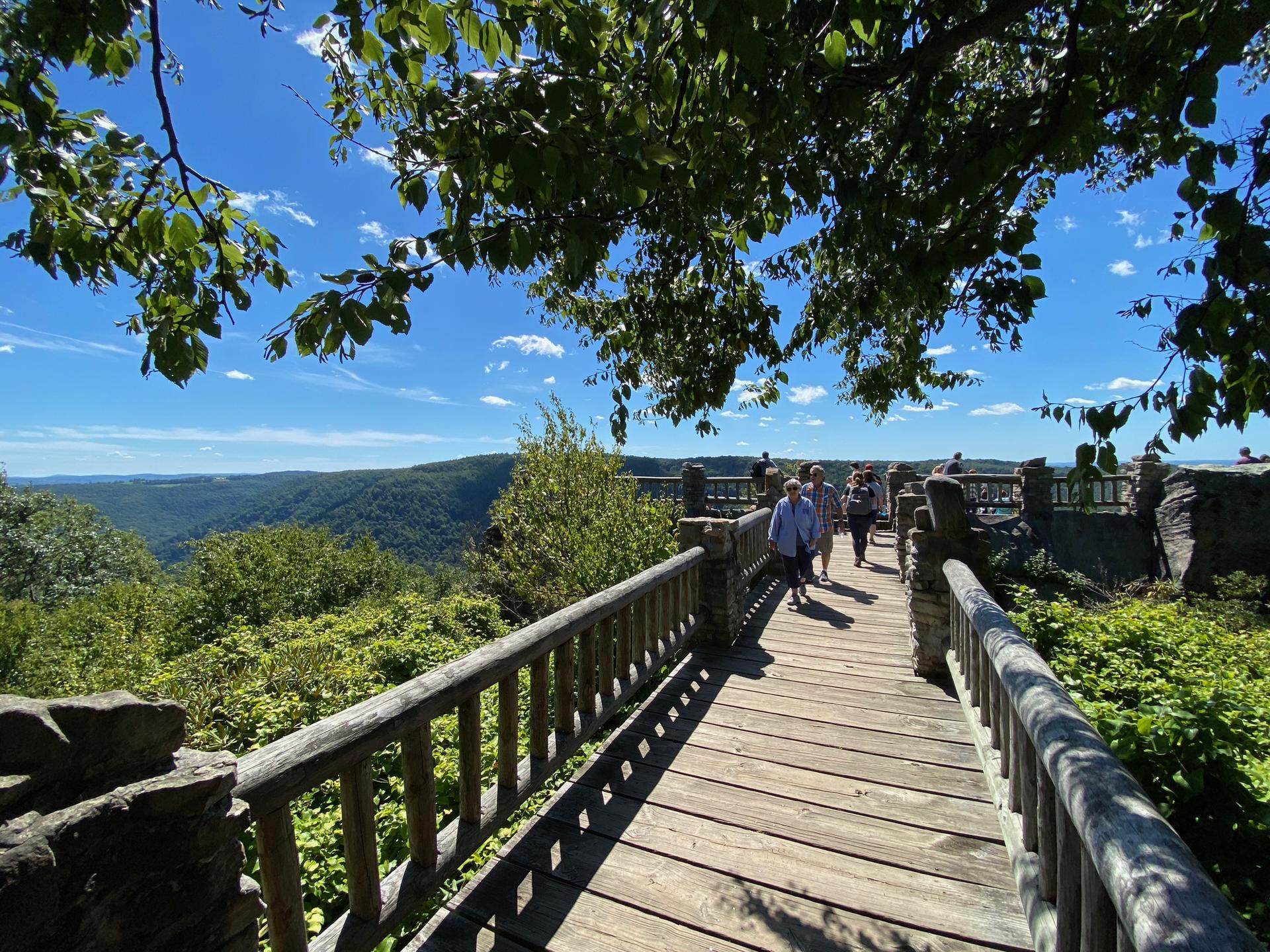 People on a sunny wooden boardwalk overlooking a vast green forested valley.