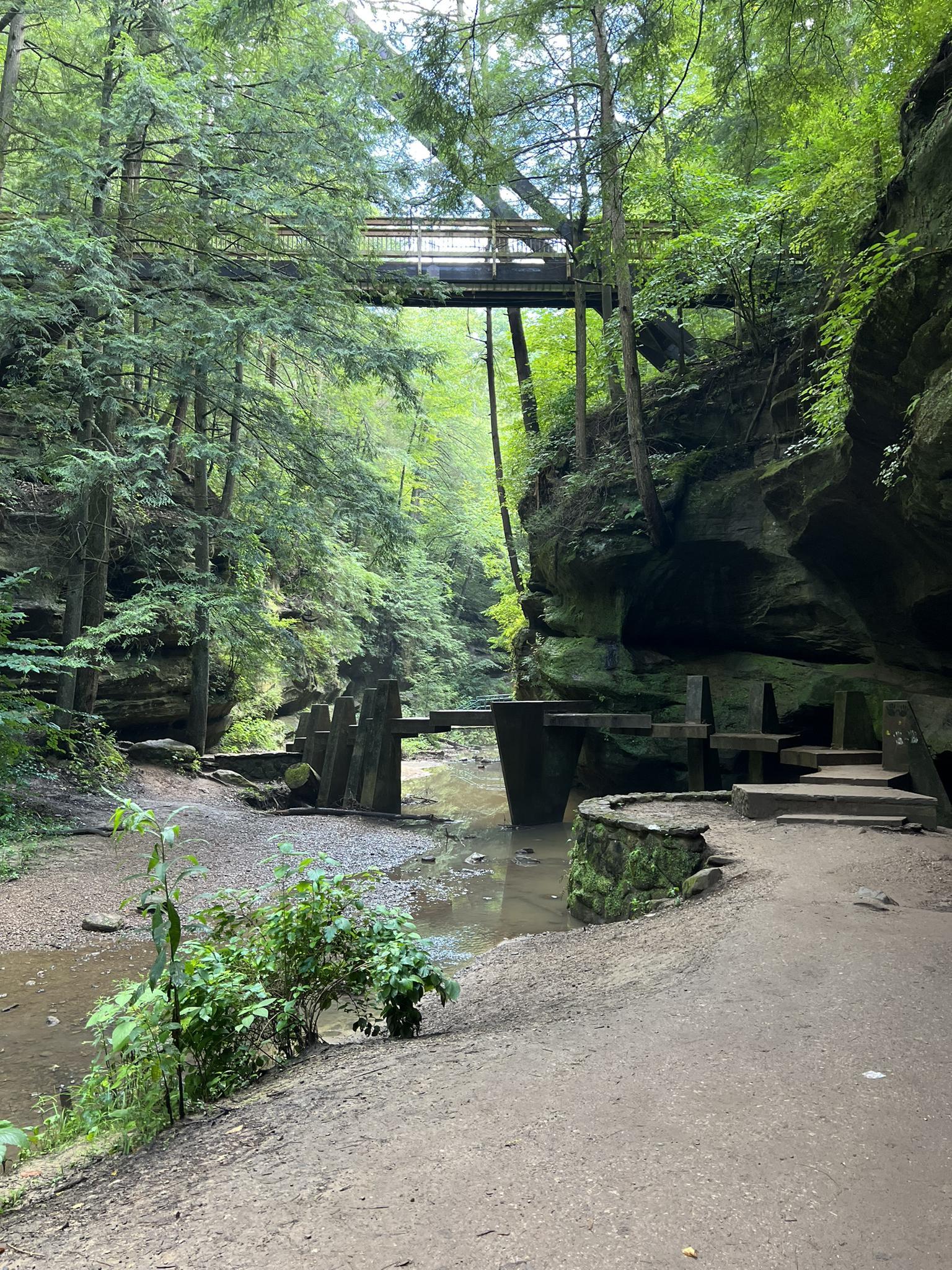 A wooden bridge spans a narrow, green-forested gorge with a stream below.
