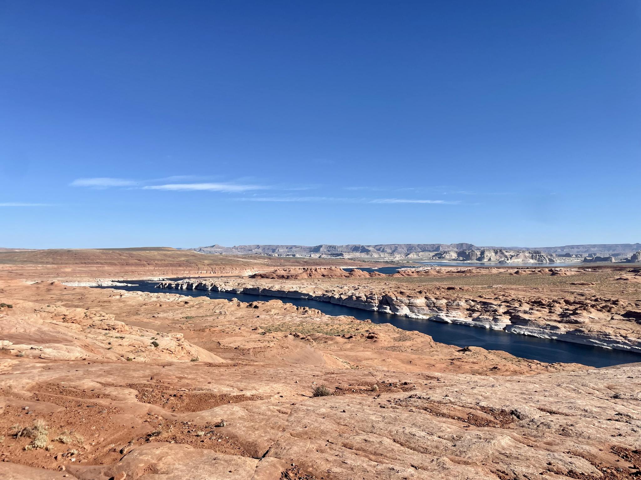 Expansive desert with a winding river through red rock under a clear blue sky.