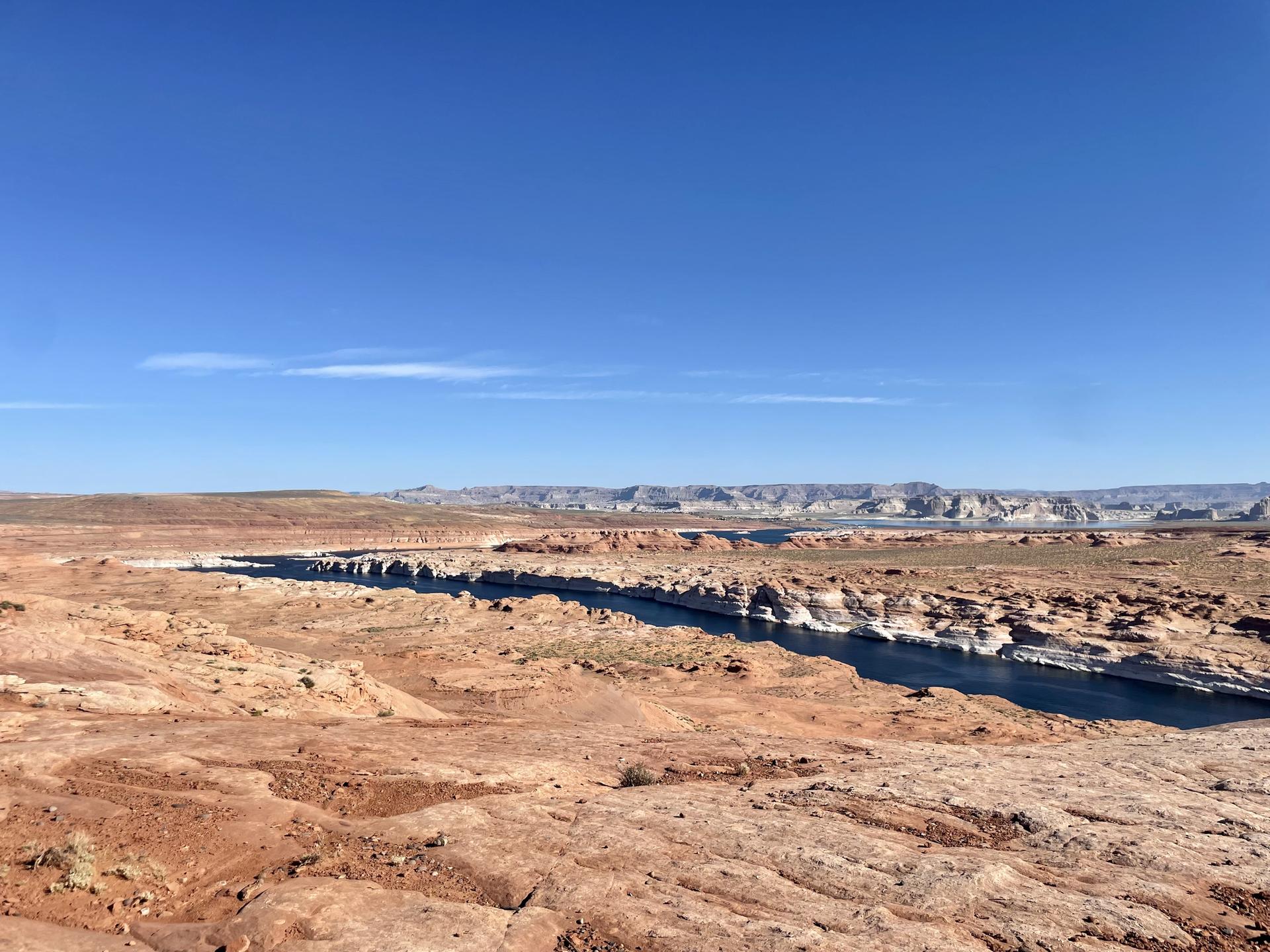 Expansive desert with a winding river through red rock under a clear blue sky.
