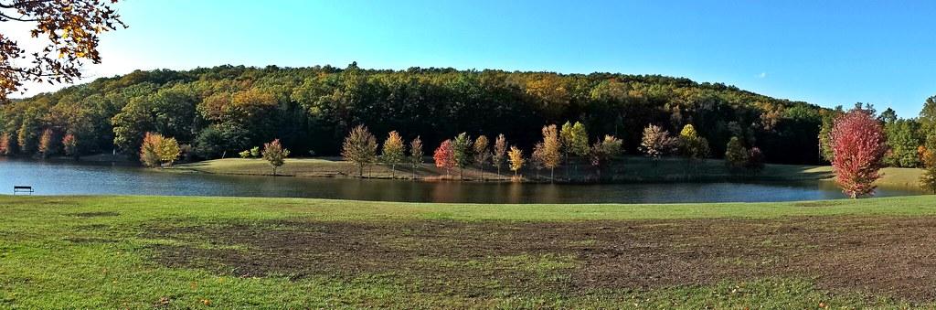 Panoramic view of a lake bordered by colorful autumn trees under a clear sky.