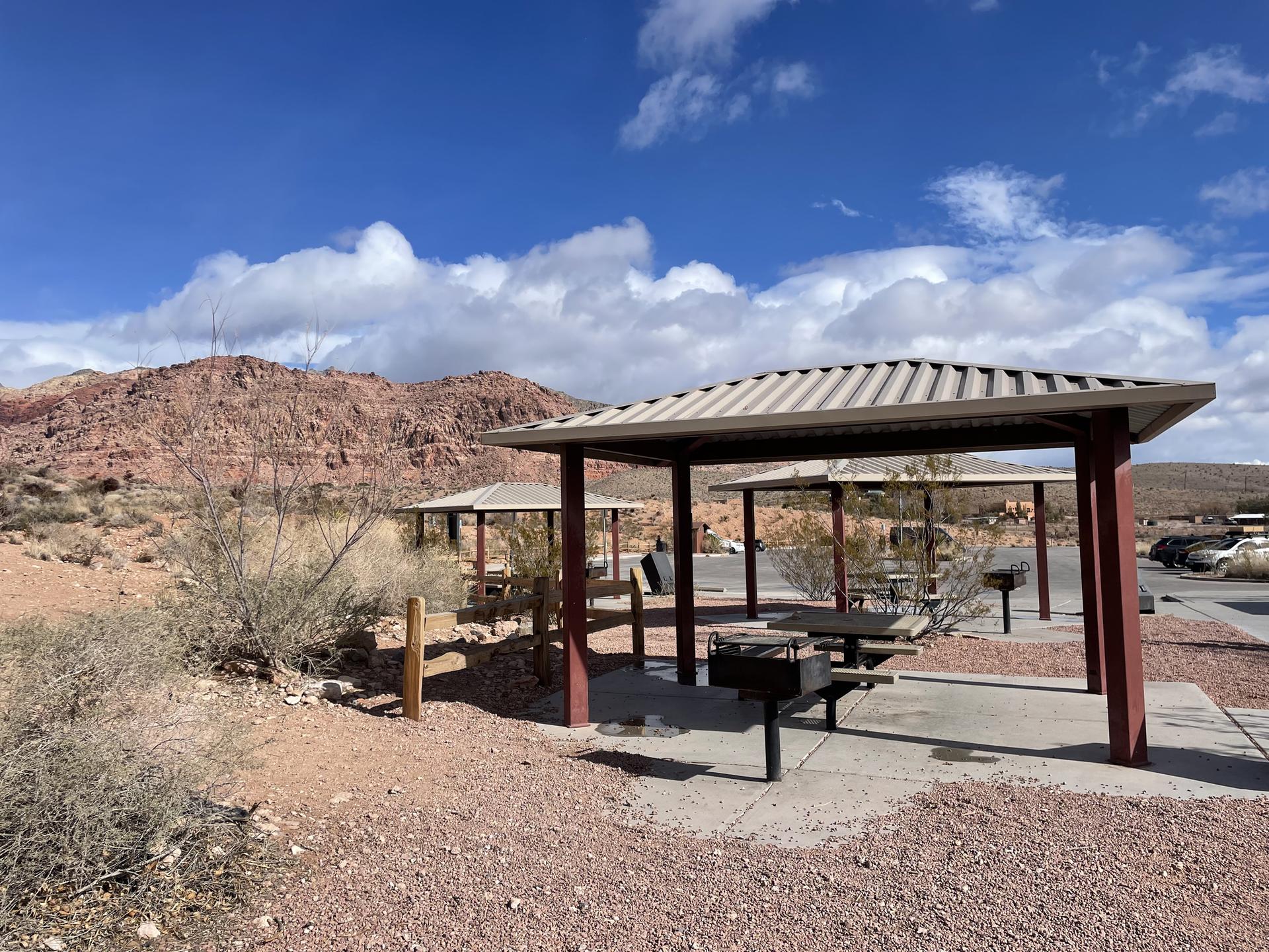Picnic shelters with tables and grills in a desert landscape.