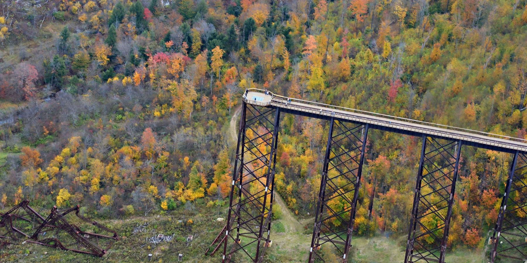Tall metal bridge spanning a valley with vibrant autumn foliage and collapsed structure.
