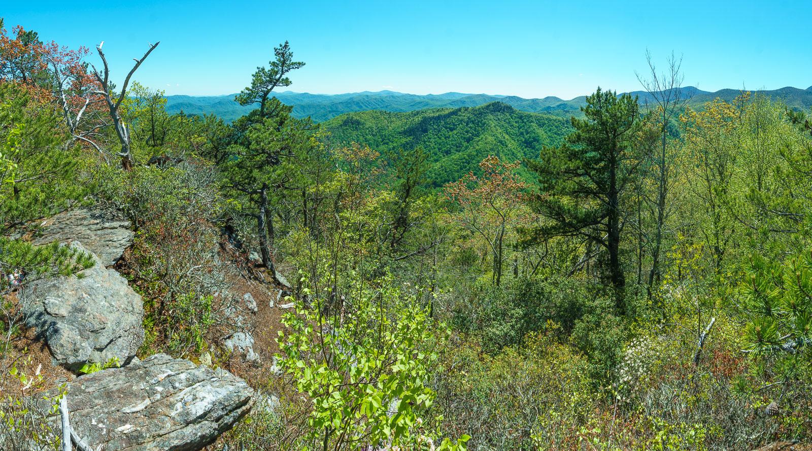 Sunny mountain vista with dense green forests, distant peaks, and large rocks.