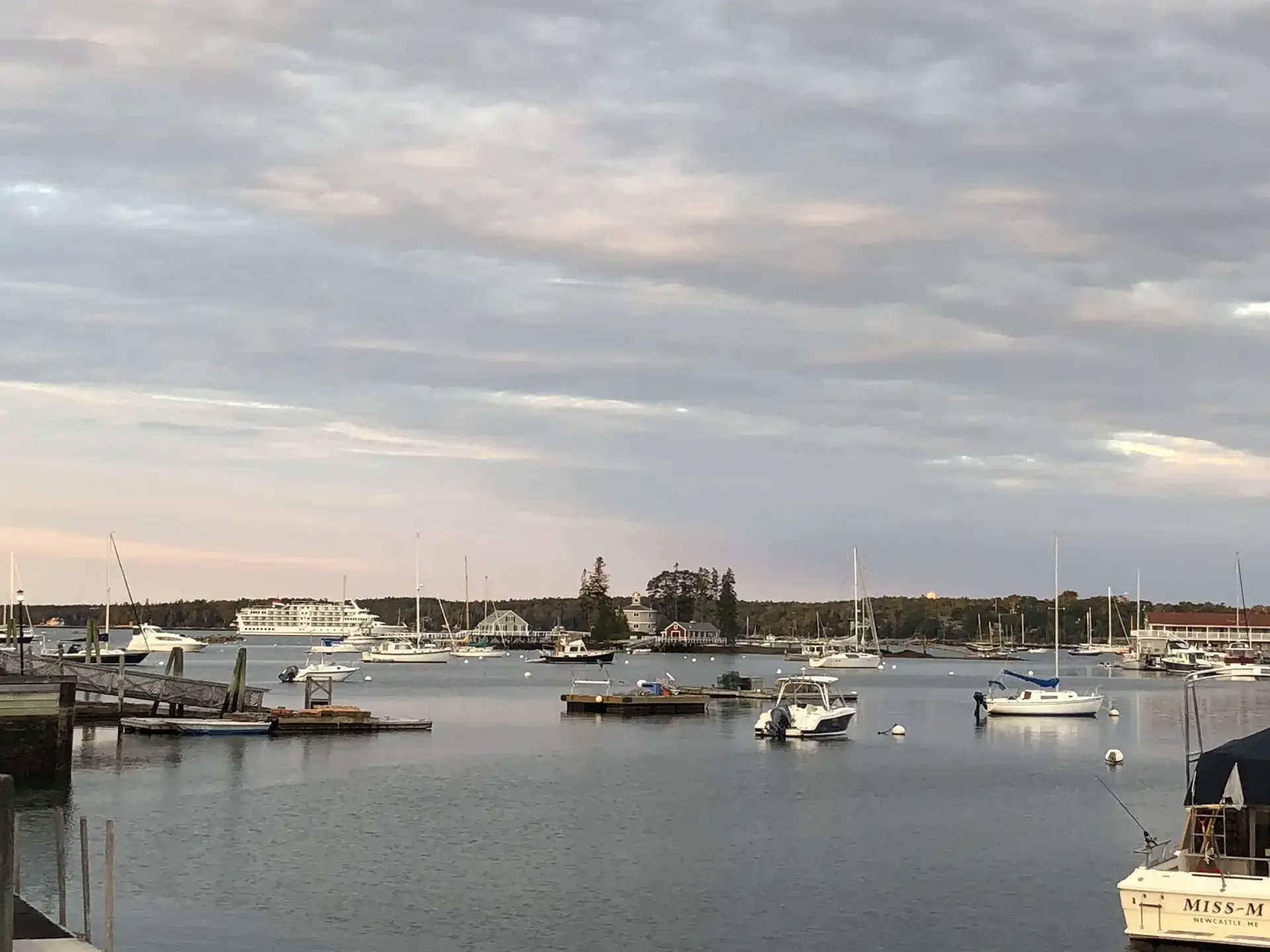 Numerous boats moored in a calm harbor under a cloudy, soft-lit sky.
