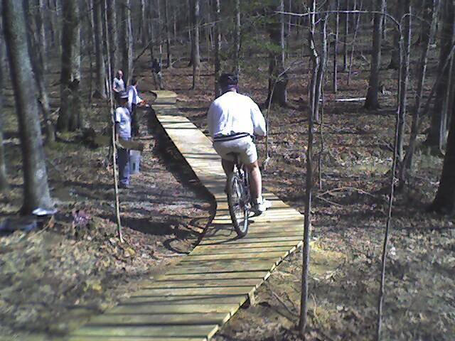 Cyclist rides a wooden boardwalk through a sun-dappled, sparse forest.