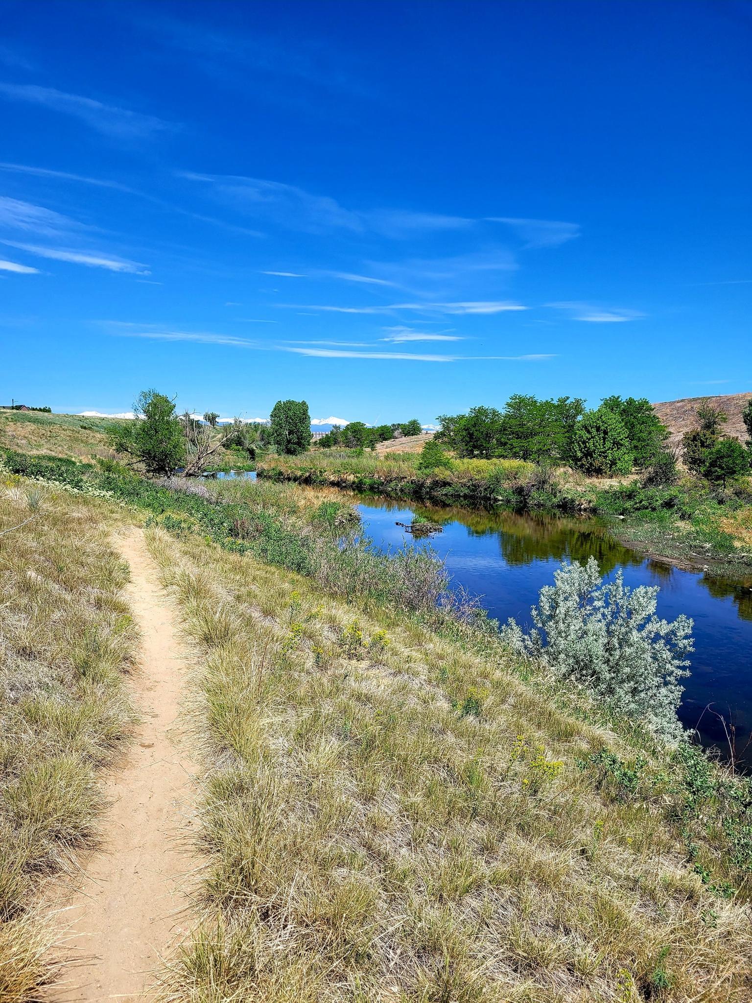Dirt path alongside a calm river with green banks under a bright blue sky.