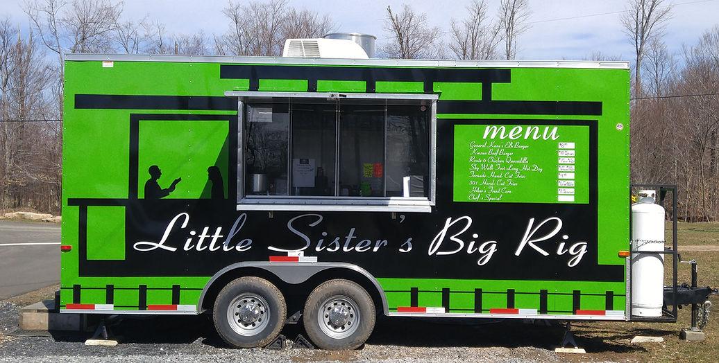 Bright green and black food truck with 'Little Sister's Big Rig' branding.
