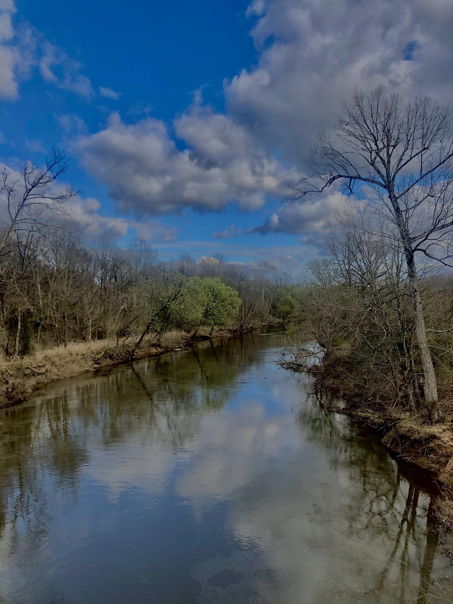 A calm river reflects a cloudy blue sky and bare trees on its banks.