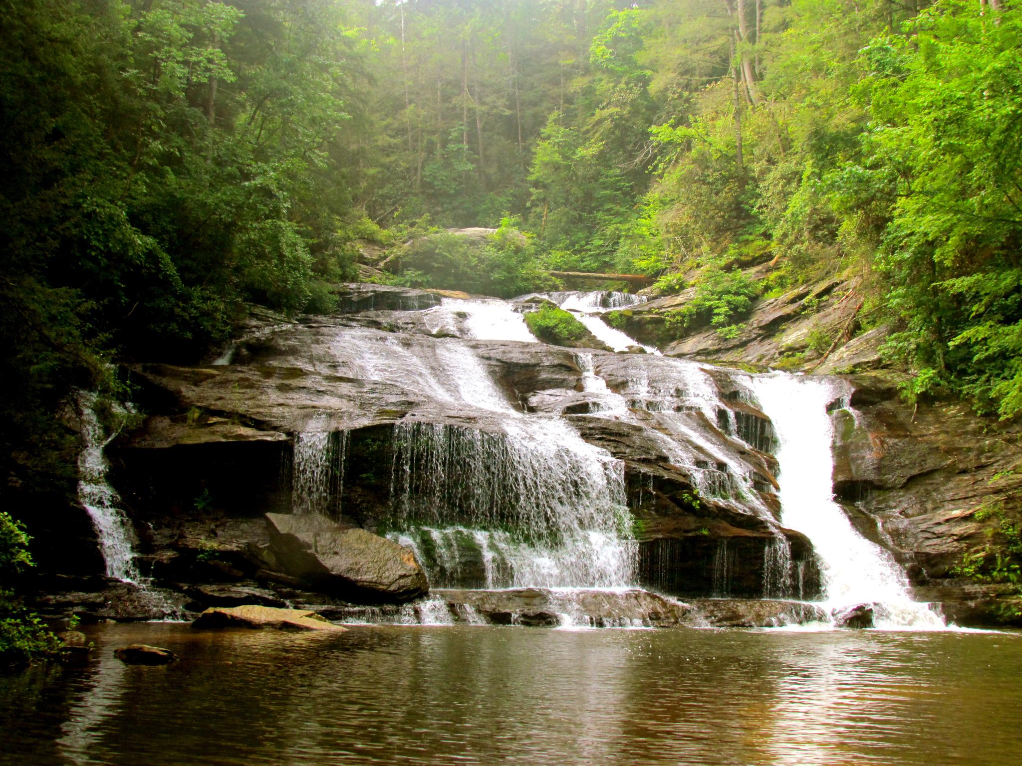 Majestic waterfall cascades over rocks into a calm pool in a green forest.