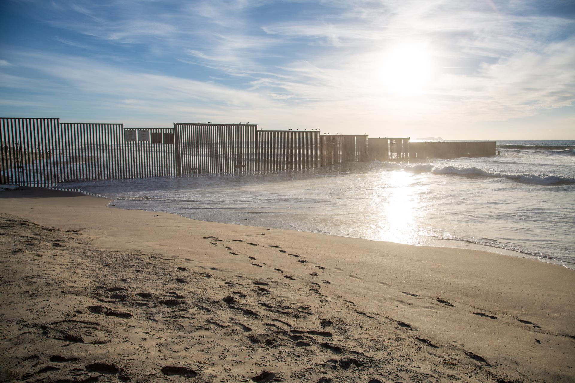 Tall fence extends into ocean from sandy beach under bright sun.
