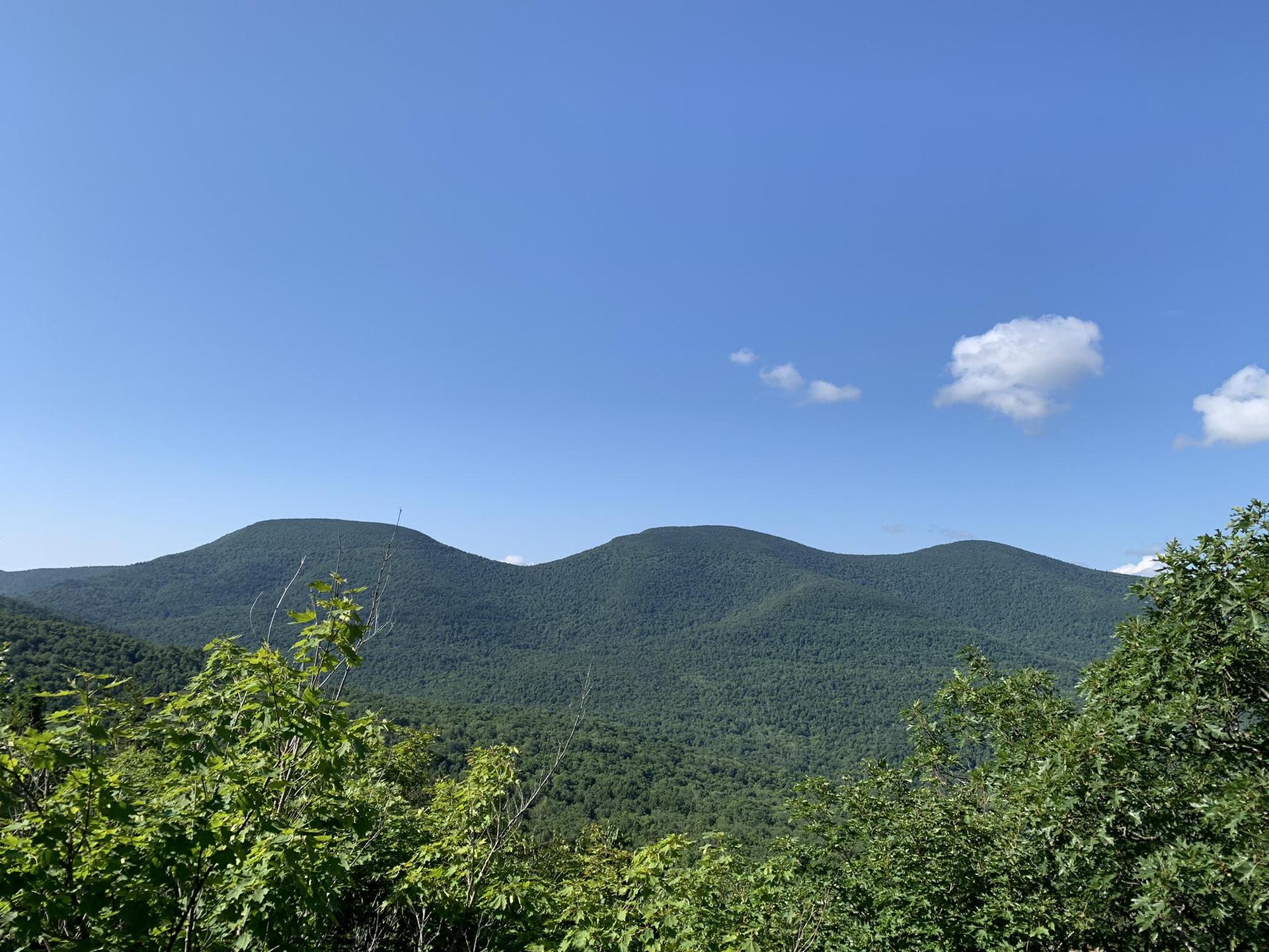 View of lush green mountains under a clear blue sky.