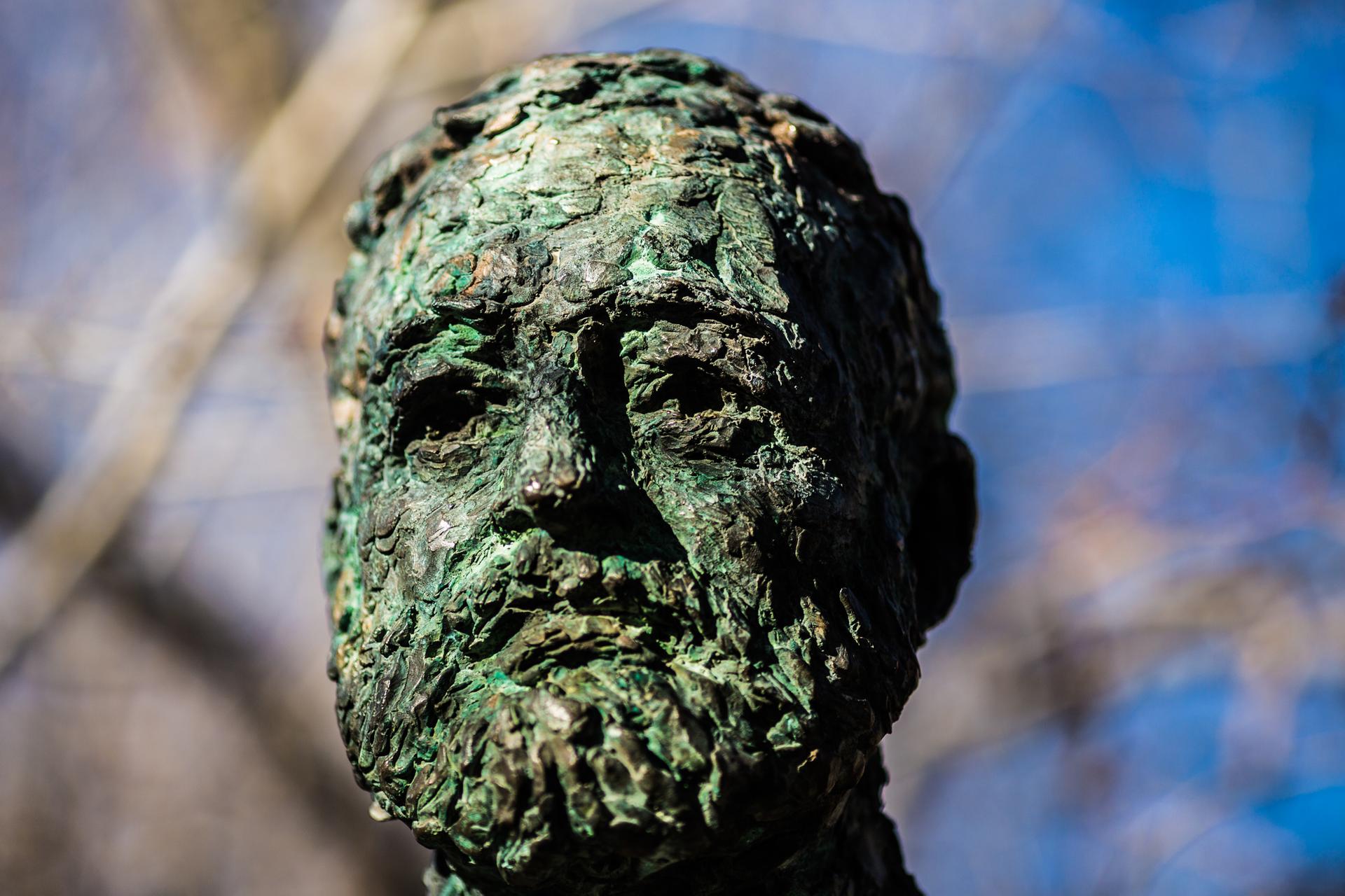 Close-up of a weathered, green-patina bronze bust of a bearded man.