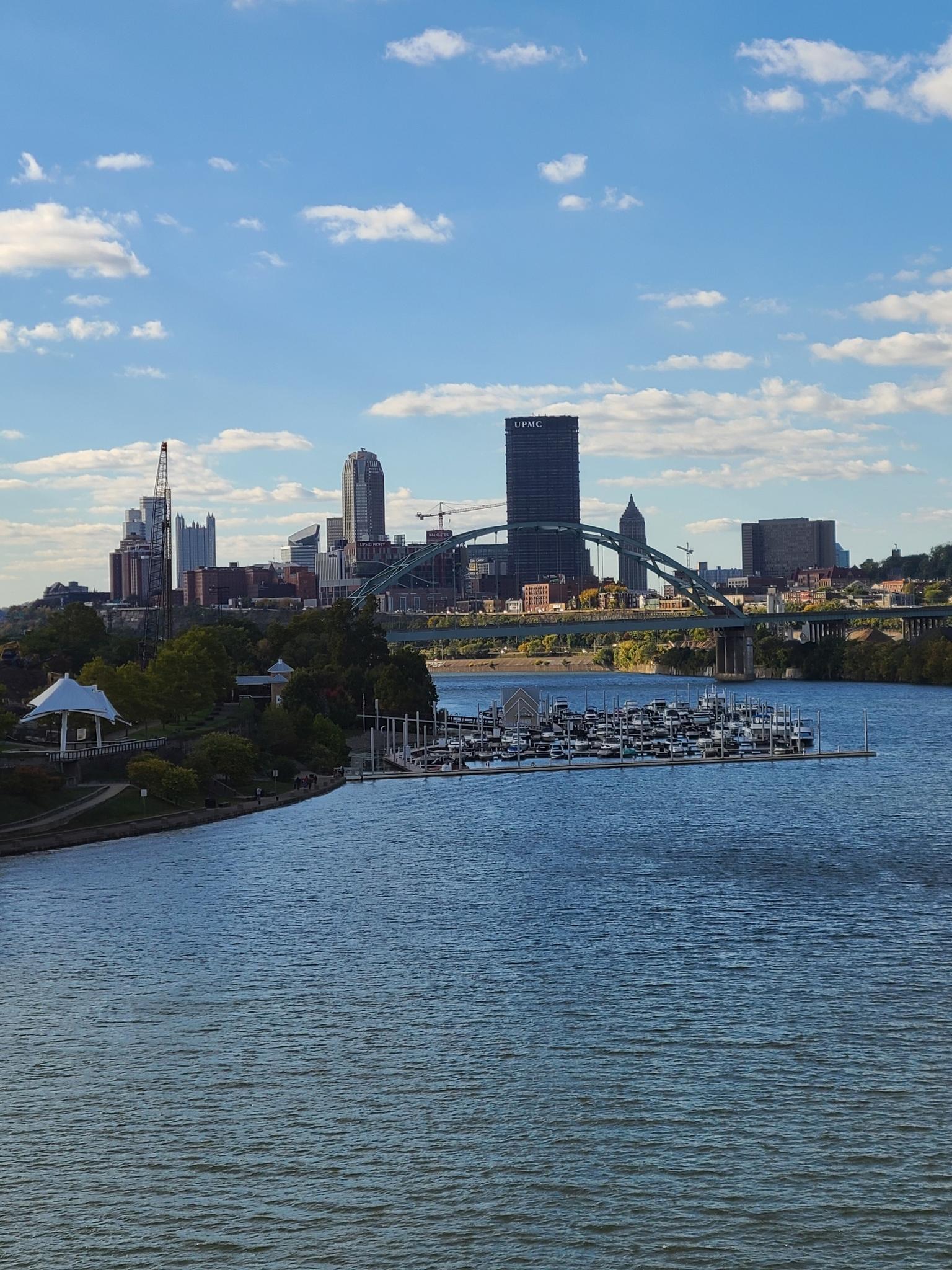 River with a marina, city skyline, and arched bridge under a blue sky.