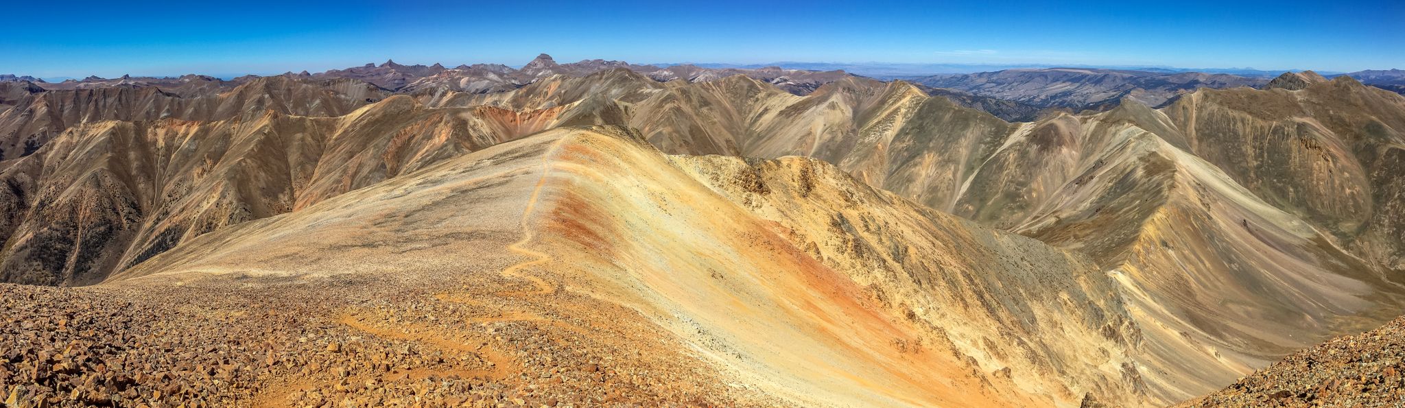 Panoramic view of colorful, rugged mountain peaks under a clear blue sky. - Redcloud & Sunshine Peaks
