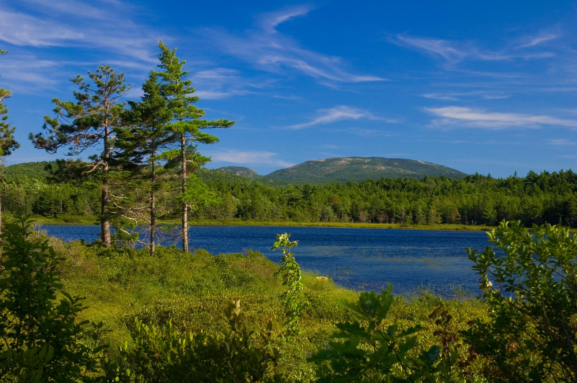 Serene blue lake, green forest, distant mountains, under a partly cloudy sky.