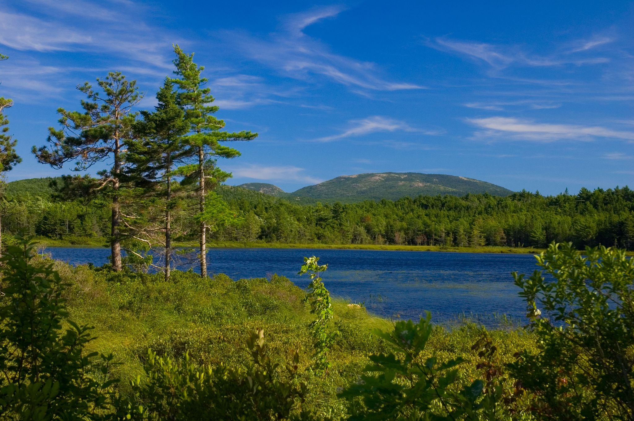 Serene blue lake, green forest, distant mountains, under a partly cloudy sky. - Witch Hole Pond Loop