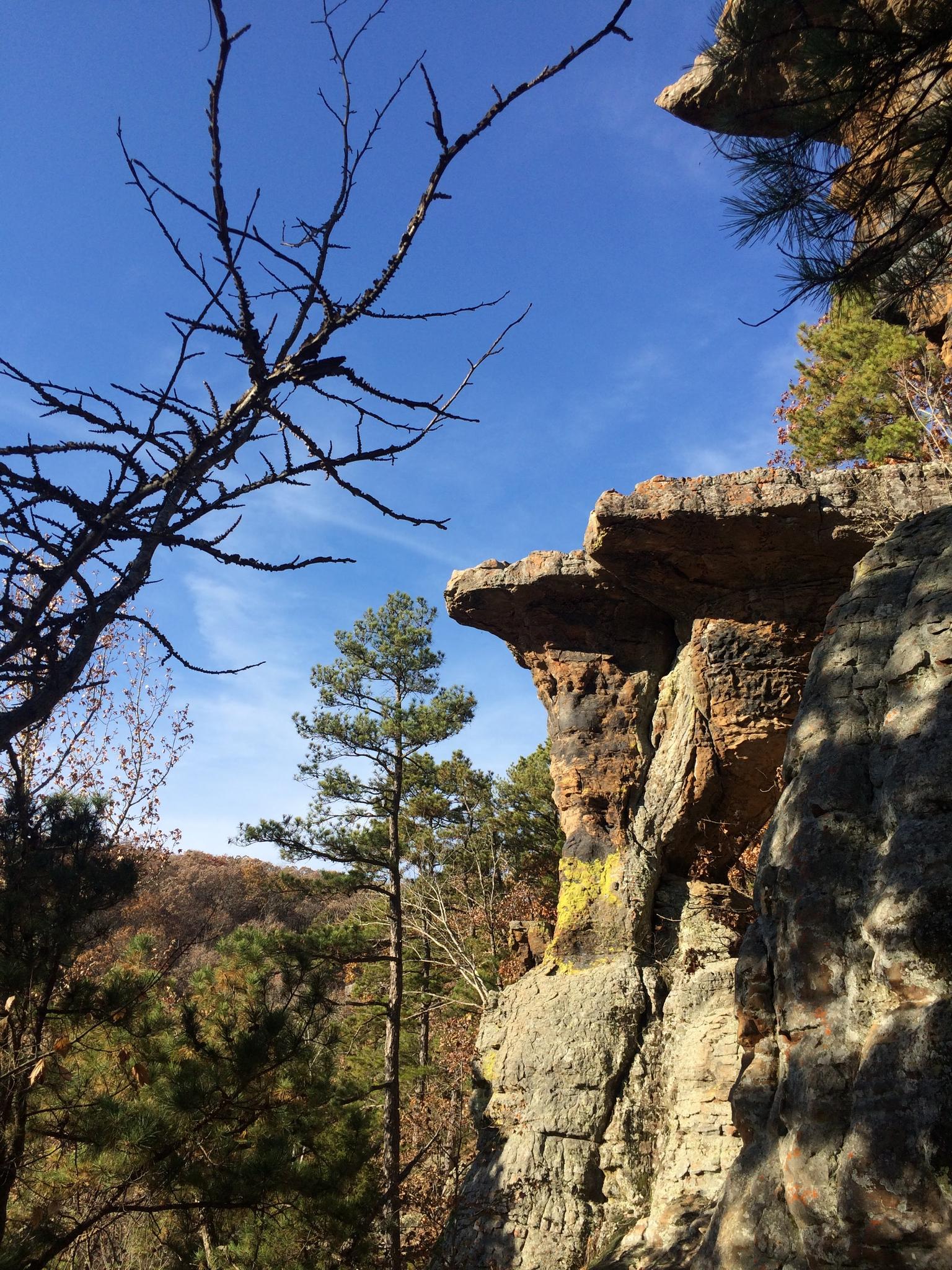 Sunny view of towering rock formations and green trees against a blue sky.