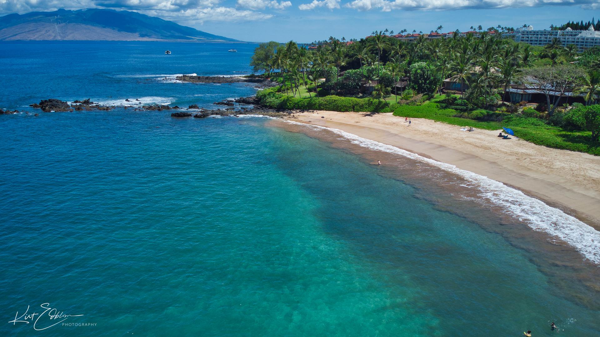 Aerial view of a sunny tropical beach with turquoise water and palm trees.
