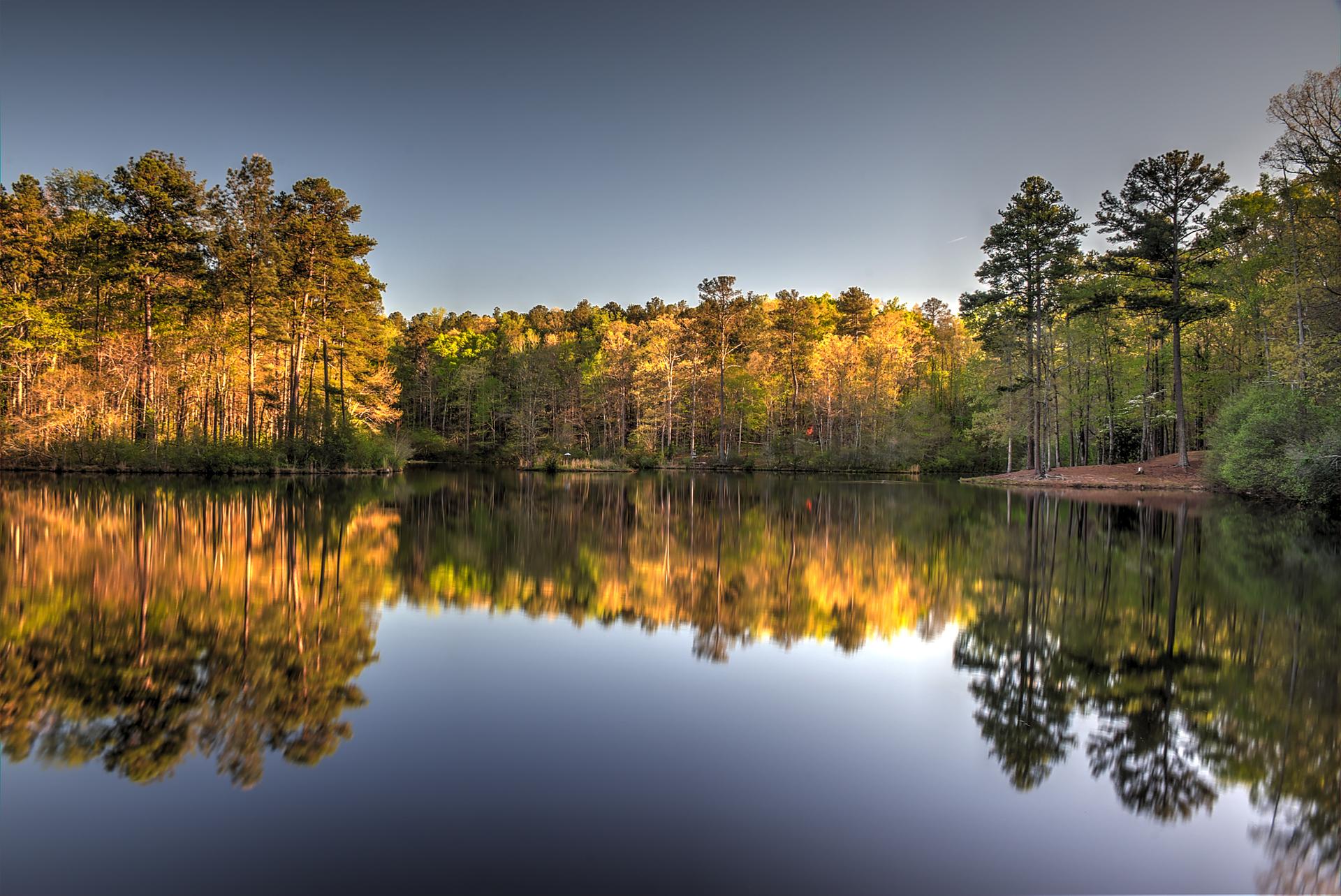 Serene lake reflecting sunlit autumn trees and clear sky.