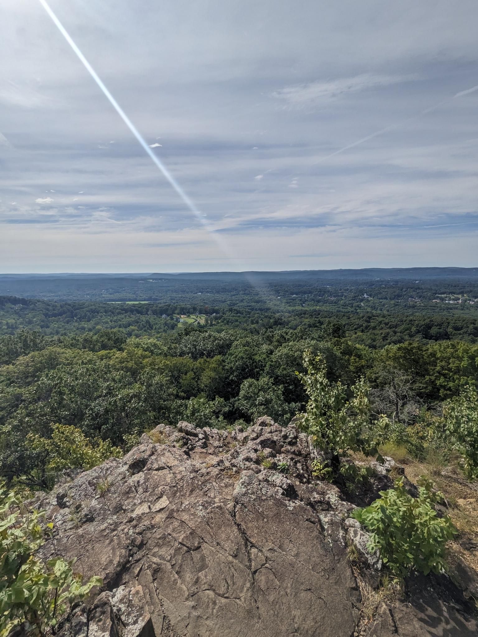 Rocky cliff edge overlooking a vast green forest under a bright sun. - Metacomet and Yellow Trail Loop