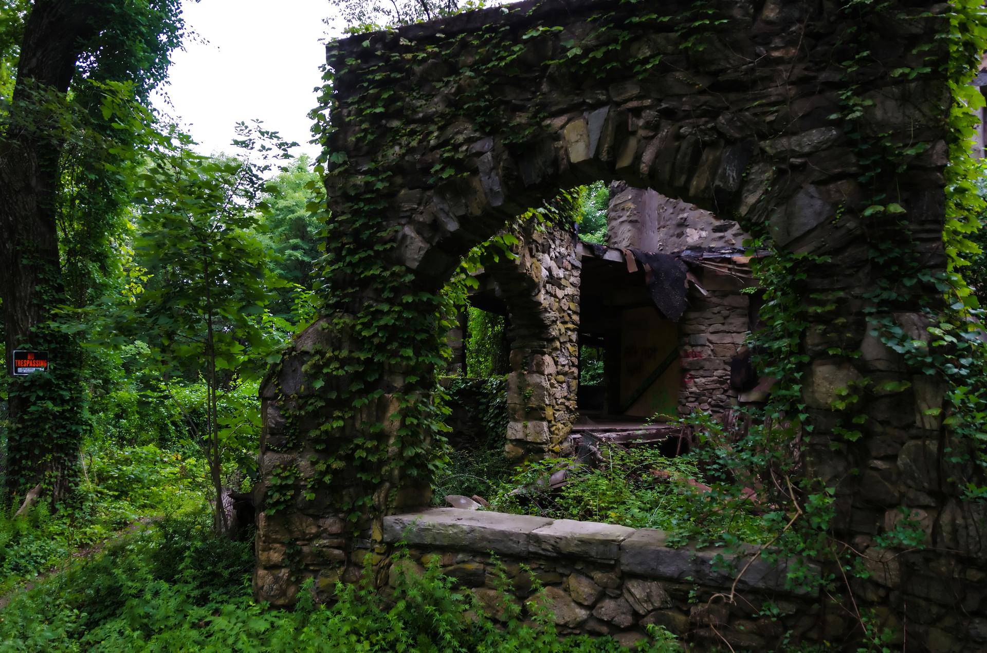Overgrown stone ruins with archways, surrounded by dense green forest.
