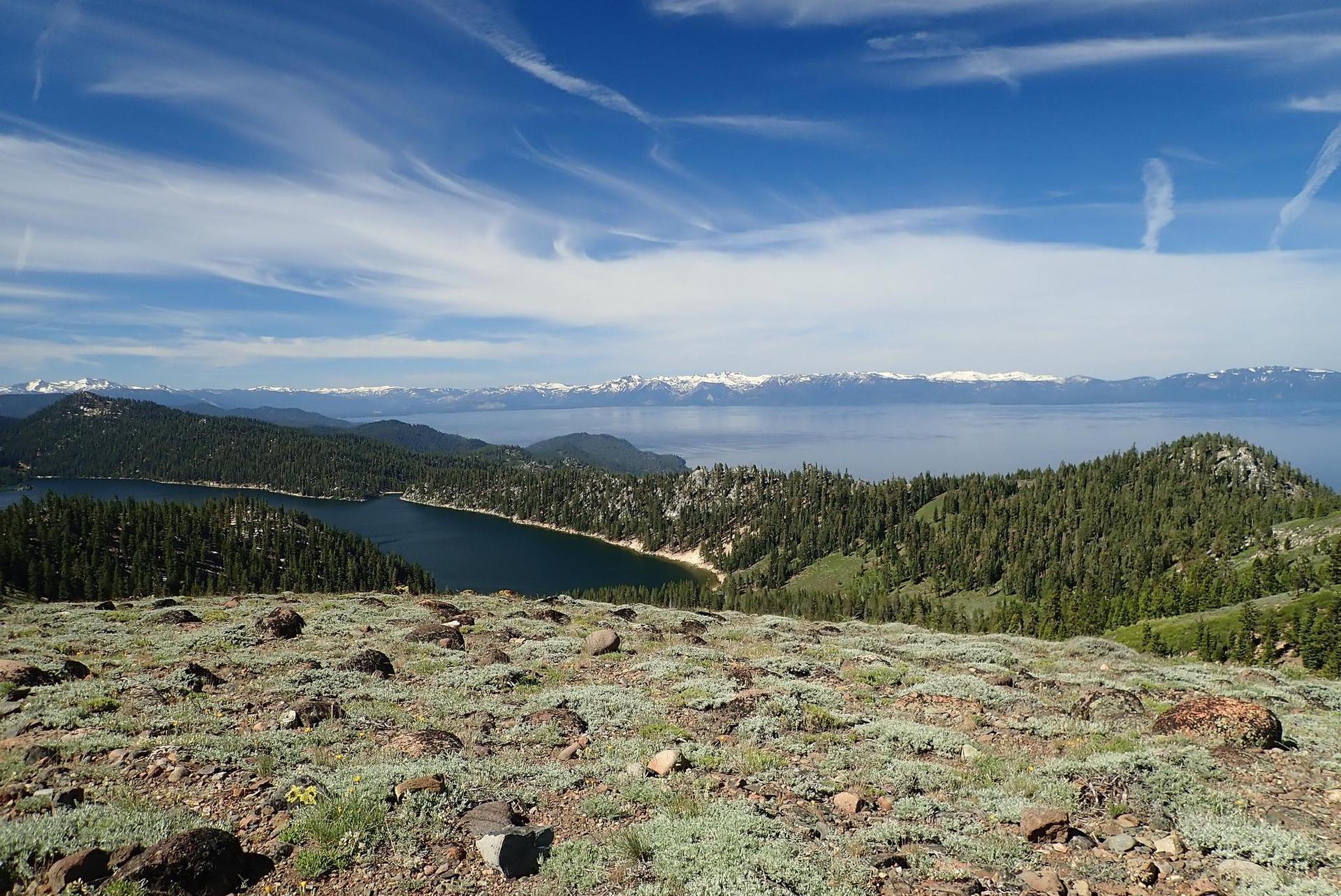 Expansive view of lakes, forested hills, and distant snow-capped mountains.