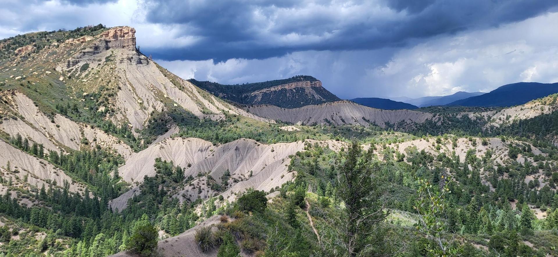 Panoramic view of rugged mountains, green forests, and a dark, cloudy sky.