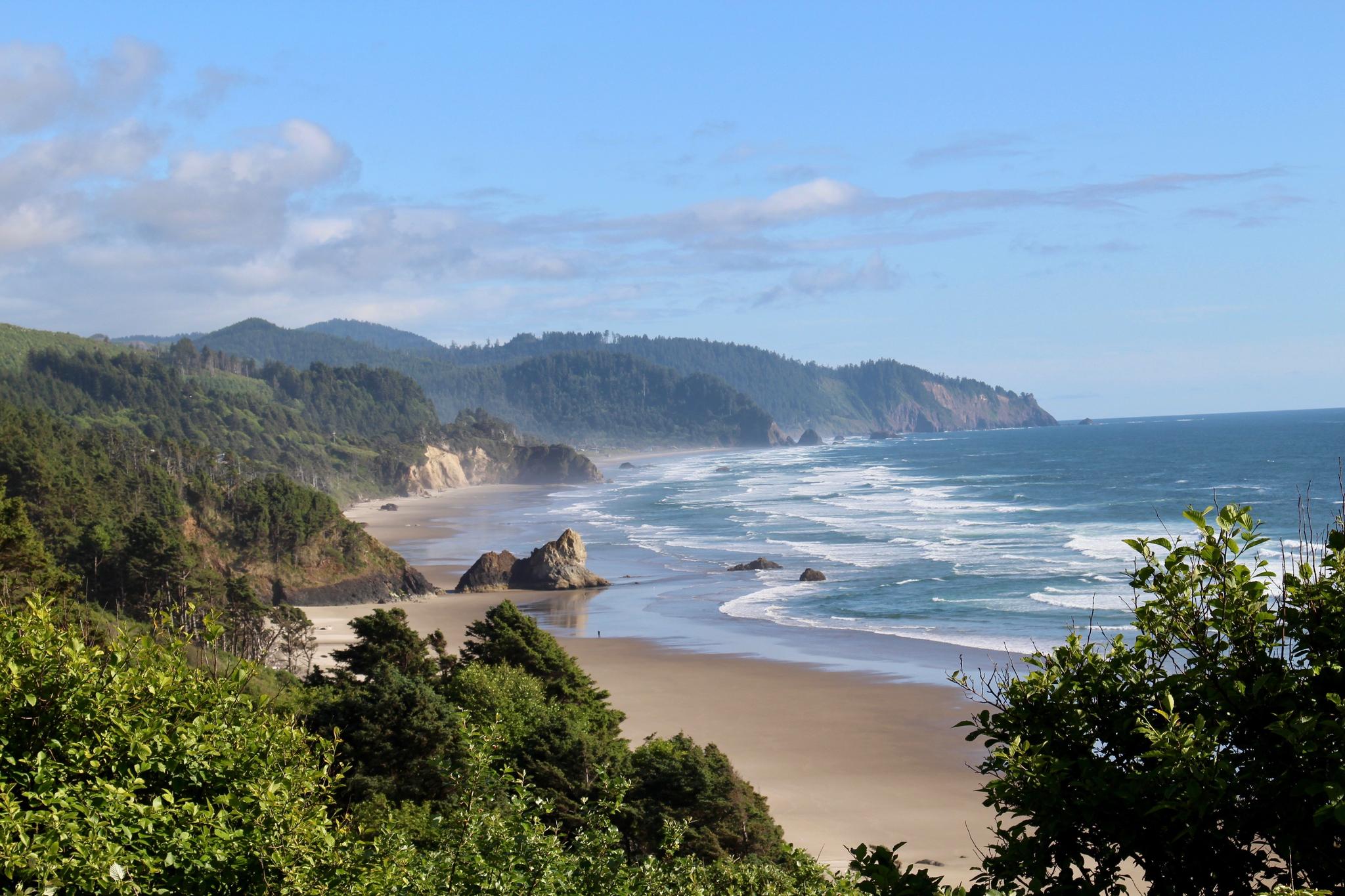 Sunny coastal view with a wide sandy beach, ocean waves, and forested hills.