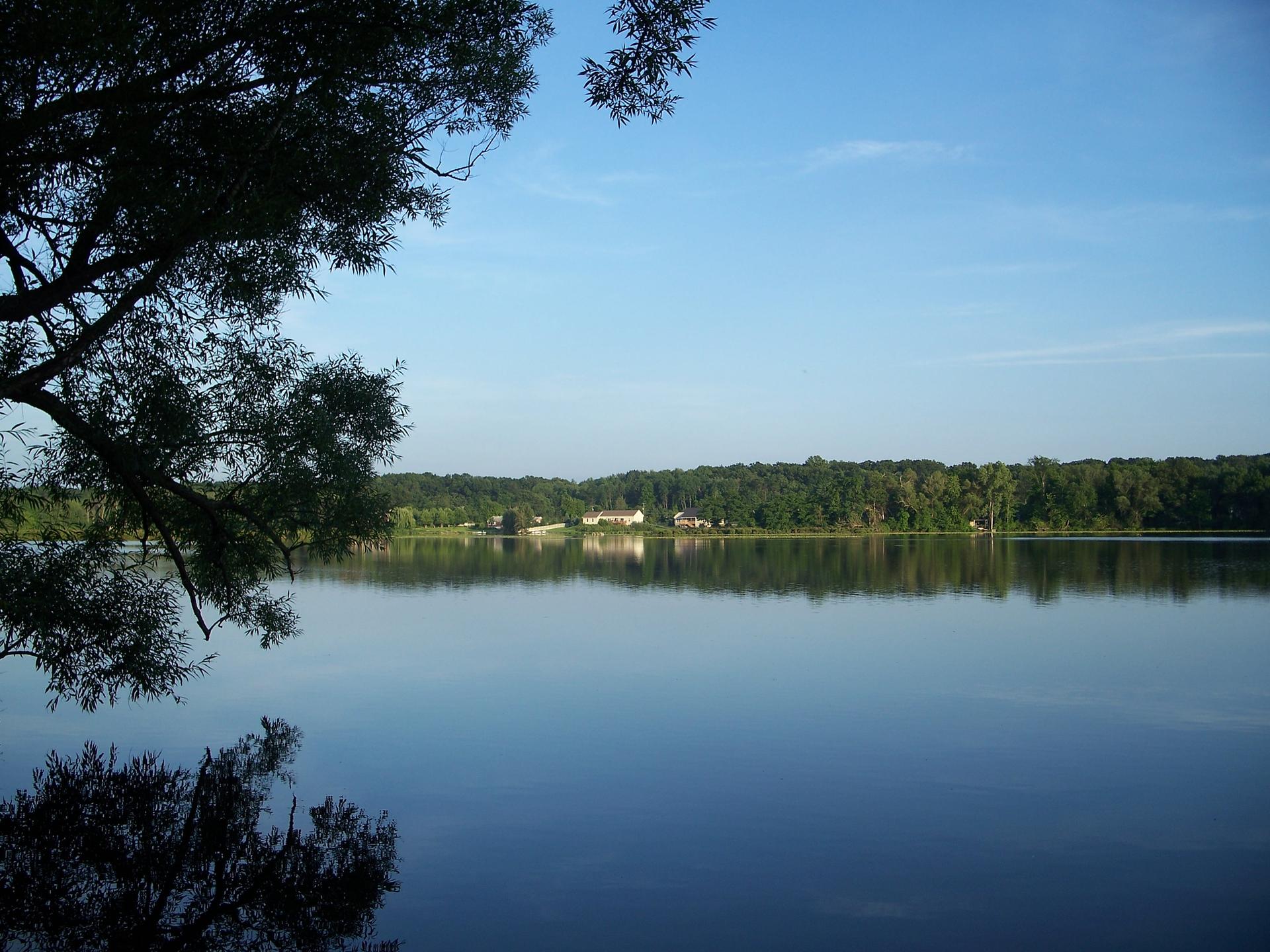 Calm lake reflecting a forested shoreline under a clear blue sky.