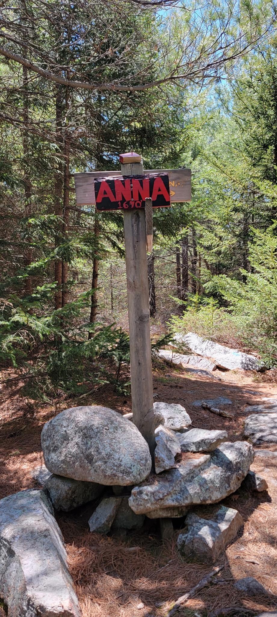 Wooden signpost with "ANNA" on a sunny forest path surrounded by rocks.
