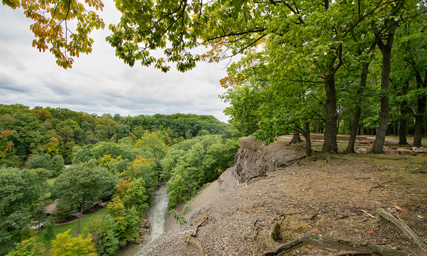 Overlook of a lush green forested valley with a river under cloudy skies.