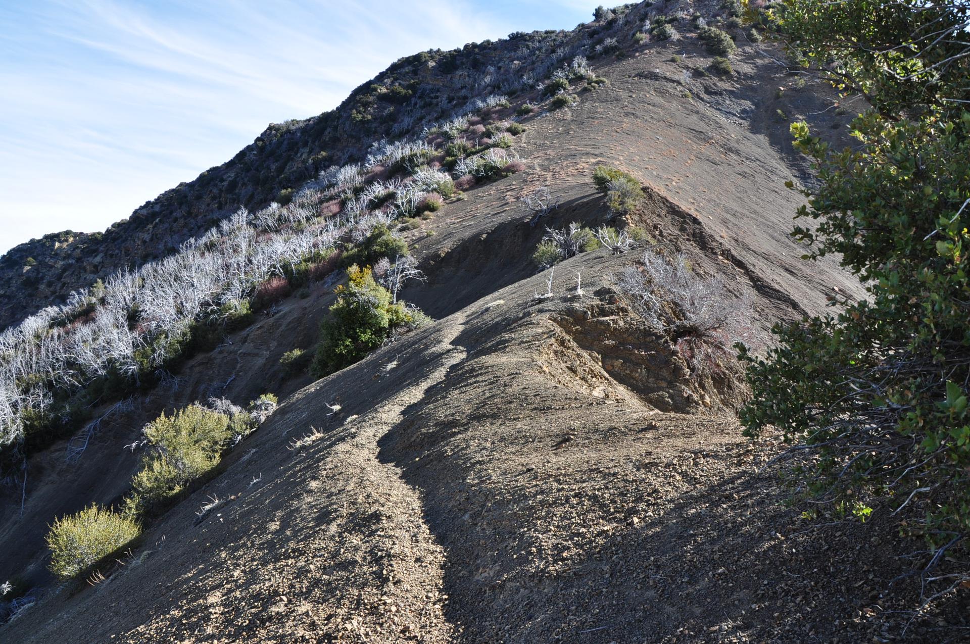 A narrow dirt trail follows a steep, rocky mountain ridge.