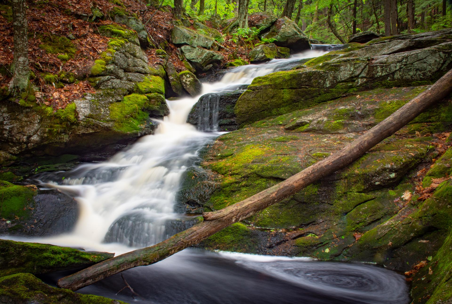 A long-exposure stream cascades over mossy rocks with a fallen log.