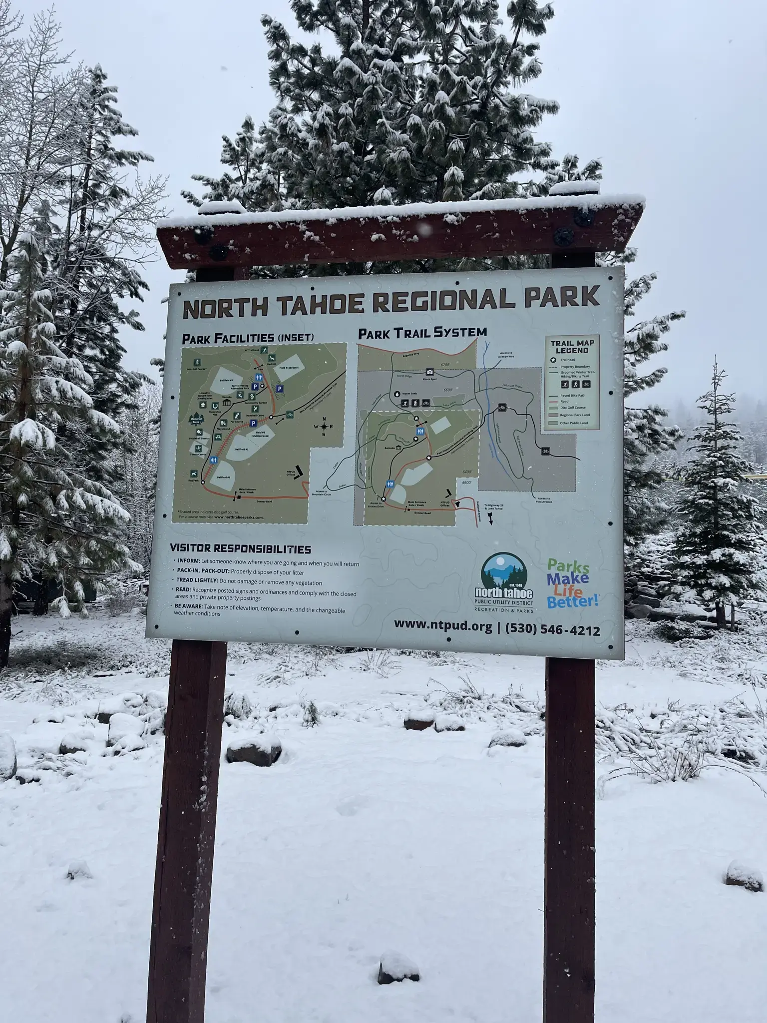 Large park map sign covered in snow, surrounded by snowy trees on an overcast day.